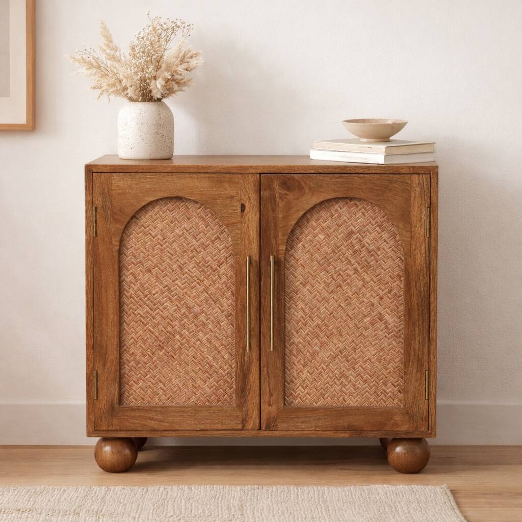 Angle. Artisan Furniture - Artisan Furniture Solid Wood Arched Rattan Two-Door Sideboard, 2 Shelves, Brown - Brown.
