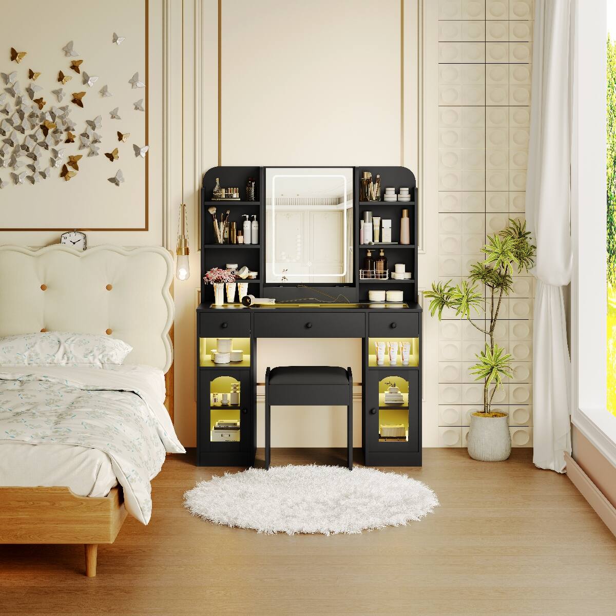 Alt View 9. Loheer - Loheer Vanity Desk with LED Mirror, RGB Glass Cabinets, Three Drawers, Storage Shelves and Stool, 43.2 Inch Black - Black.