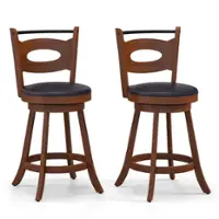 Costway - 24" Height Set of 2 Bar Stools 360° Swivel Dining Chairs Solid Rubber Wood Leather Padded Seat - Black/Brown - Front_Zoom