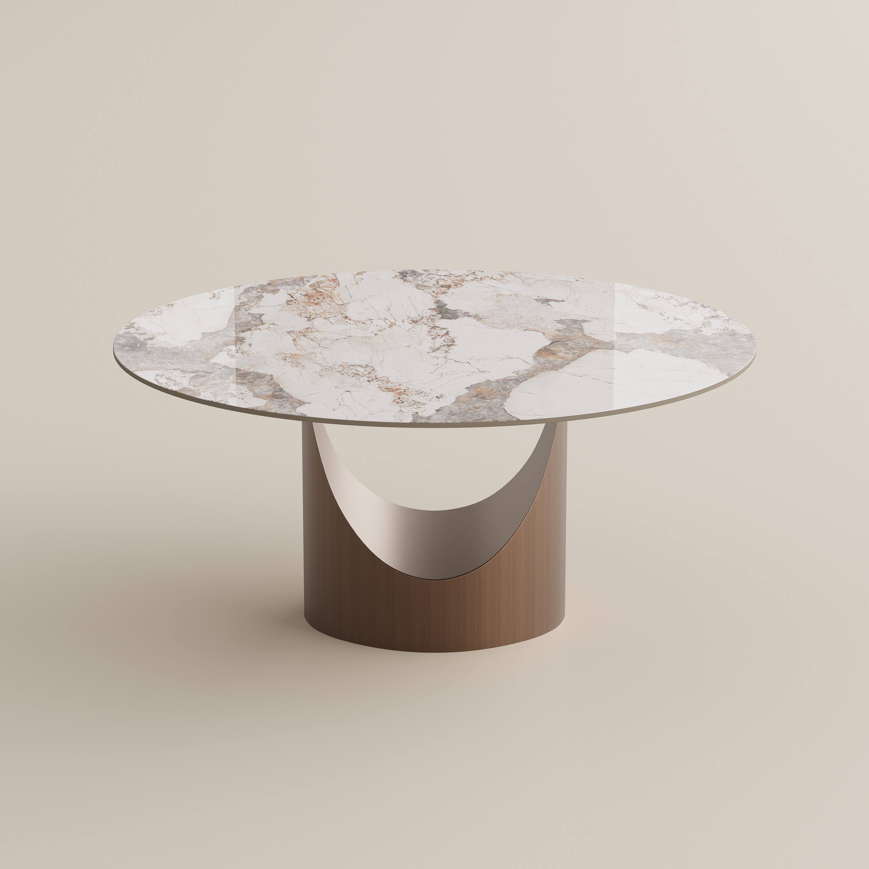 Alt View 7. POVISON - 59" Modern Round Dining Table for 6 Pandora Glossy Sintered Stone Table with Bronze Carbon Steel Pedestal - White with Bronze.