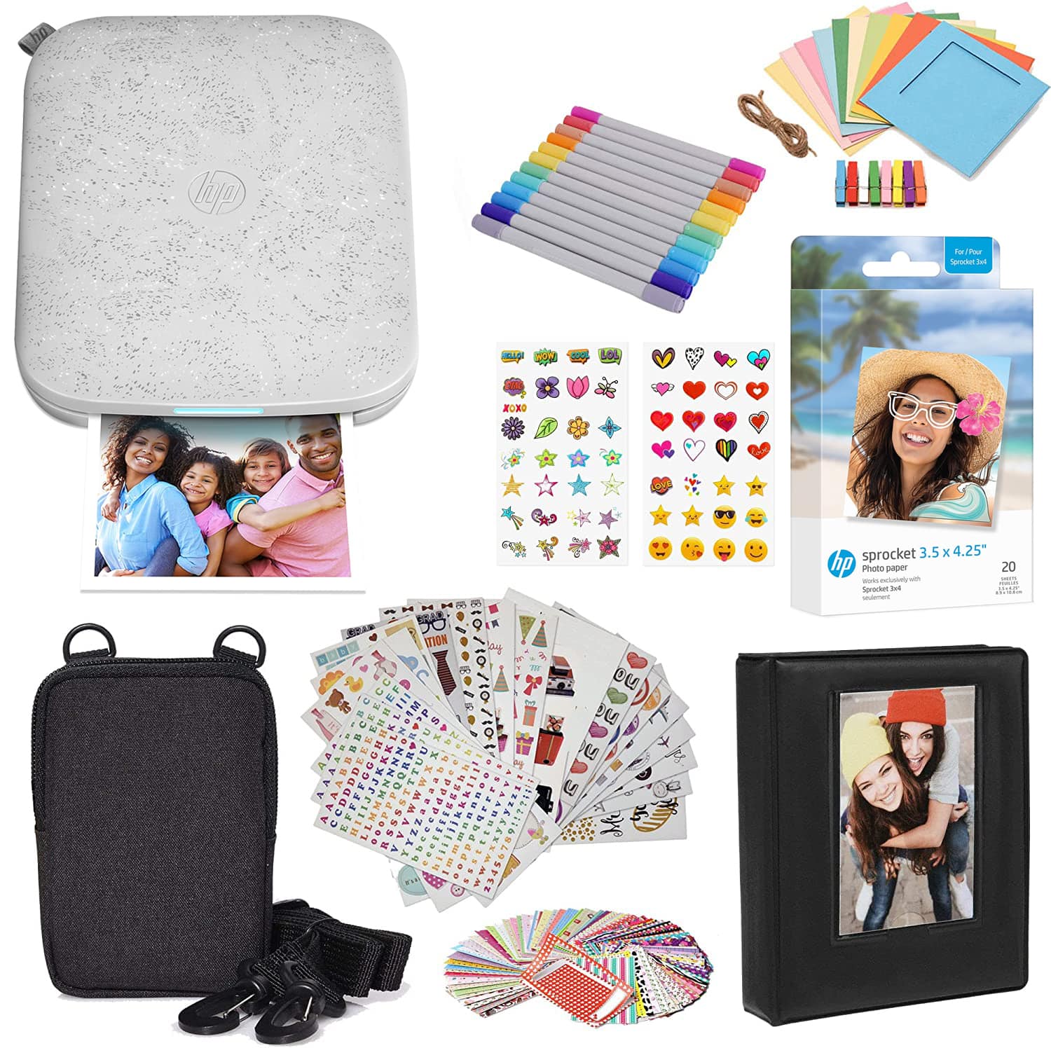 HP - Sprocket Portable Printer 3x4", Photo Printer Prints on 3.5x4.25” Zink Paper from iOS & Android - Gift Bundle