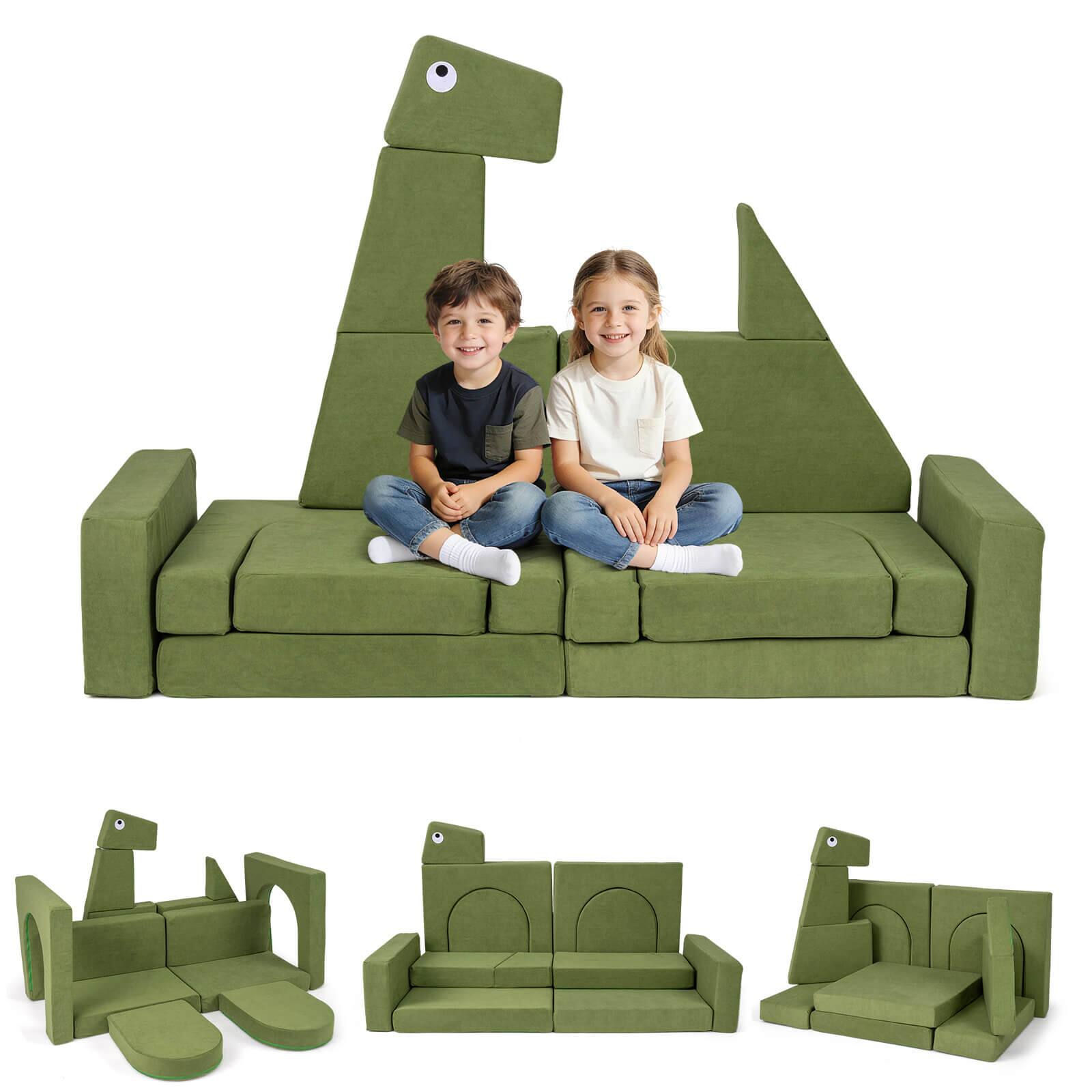 Costway - 13 PCS Modular Kids Play Couch, Multifunctional Convertible Kids Sofa Furniture Dinosaur - Green