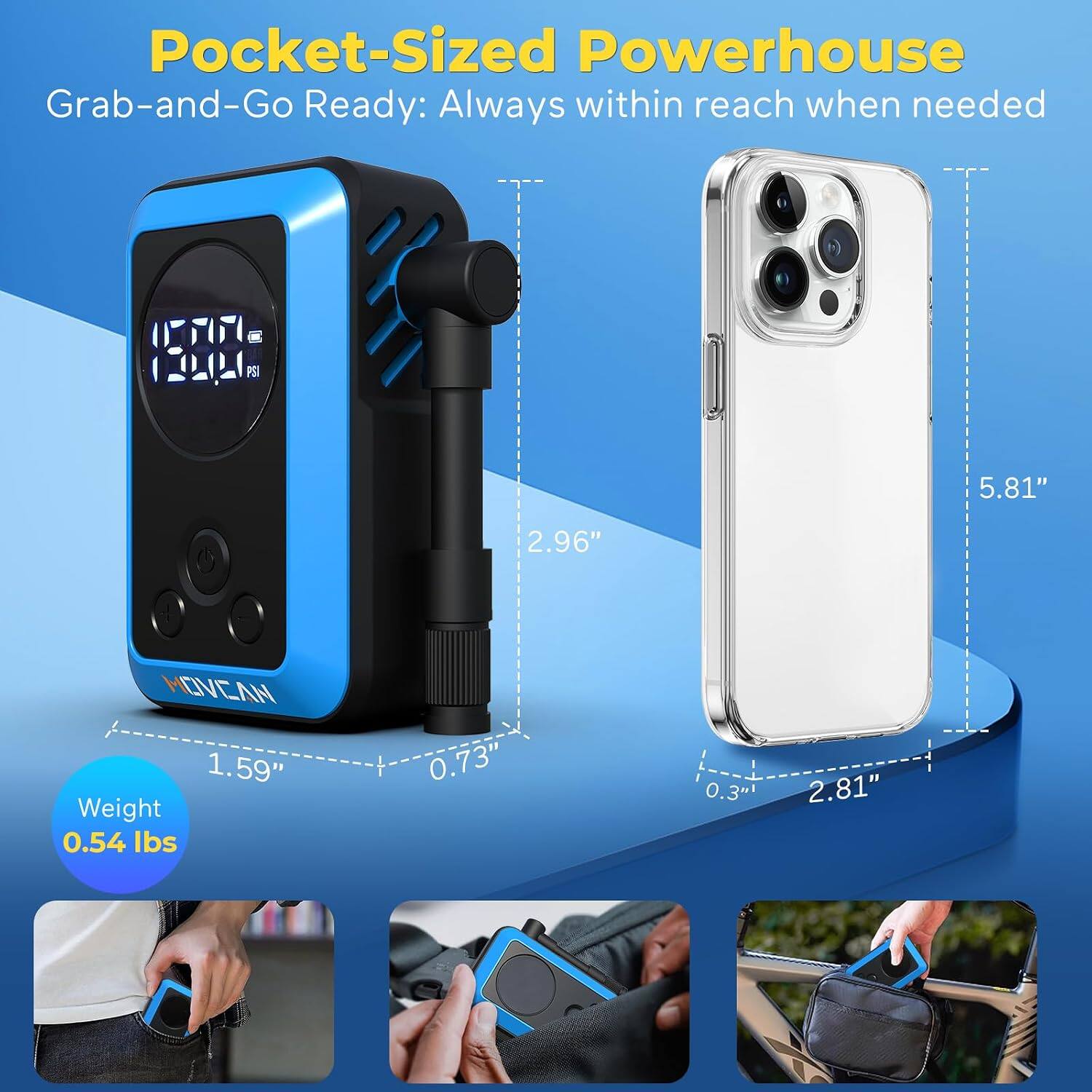 Movcan 150PSI Electric Mini Bike Pump with Gauge, 33s Inflation ...