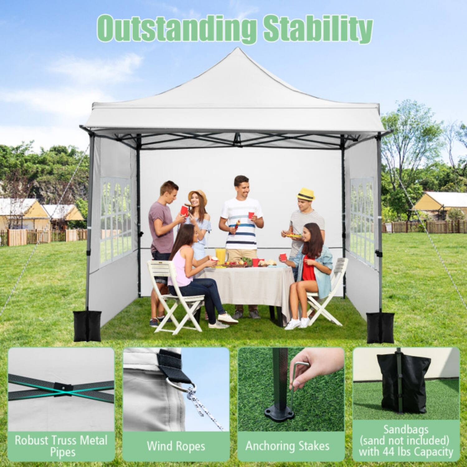 Outstanding Stability

Robust Truss Metal Pipes  
Wind Ropes  
Anchoring Stakes  
Sandbags (sand not included) with 44 lbs Capacity
