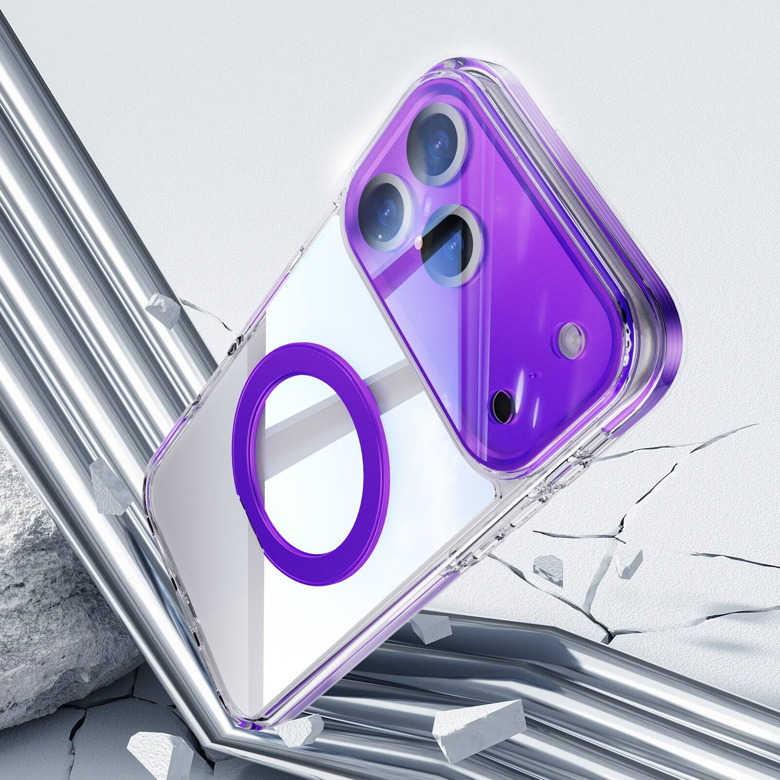 Back. Dteck - Magnetic Clear Phone Case for Apple iPhone 17 Pro Max with Metal Rotating Stand,Shockproof PC+TPU Slim Transparent Cover - Darkpurple.