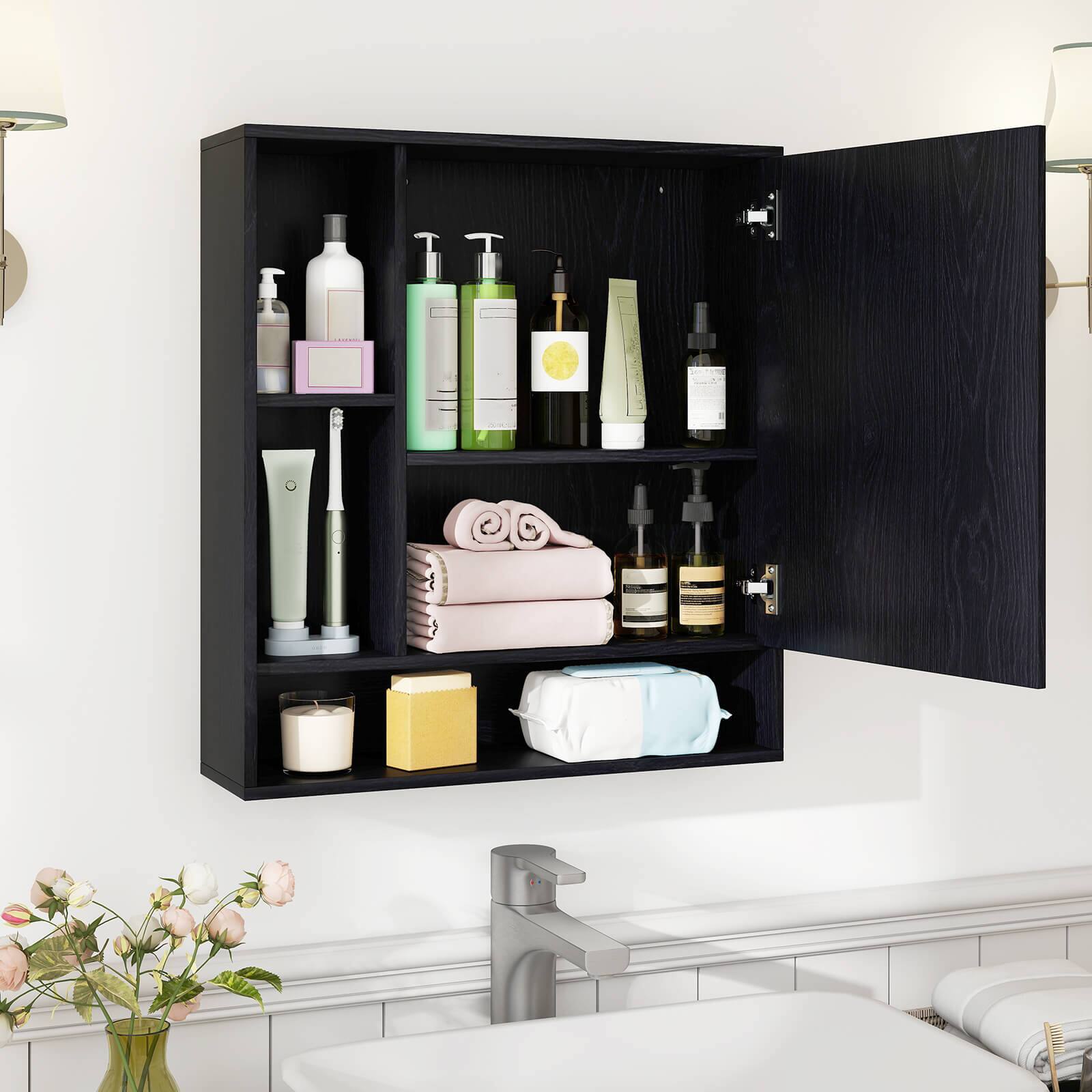 Alt View 3. Costway - Costway Bathroom Wall Cabinet with Mirror, Single Door, 3 Open Shelves & Adjustable Shelf - Black.