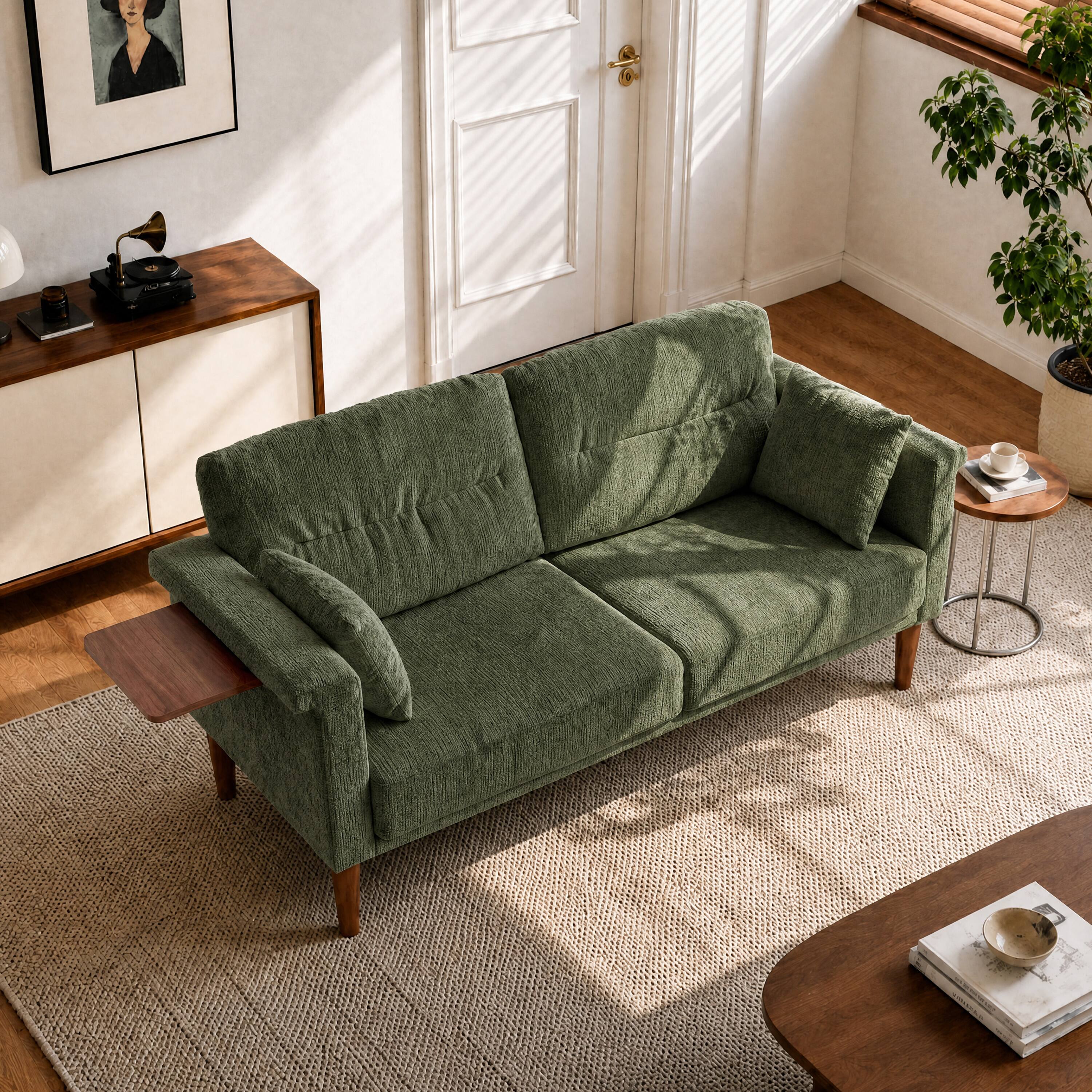 Alt View 6. Vipbear - 69" Loveseat Sofa with Foldable Side Table, Modern Small Couches for Bedroom, Small Spaces, Dorms, Office, Apartment - Green.