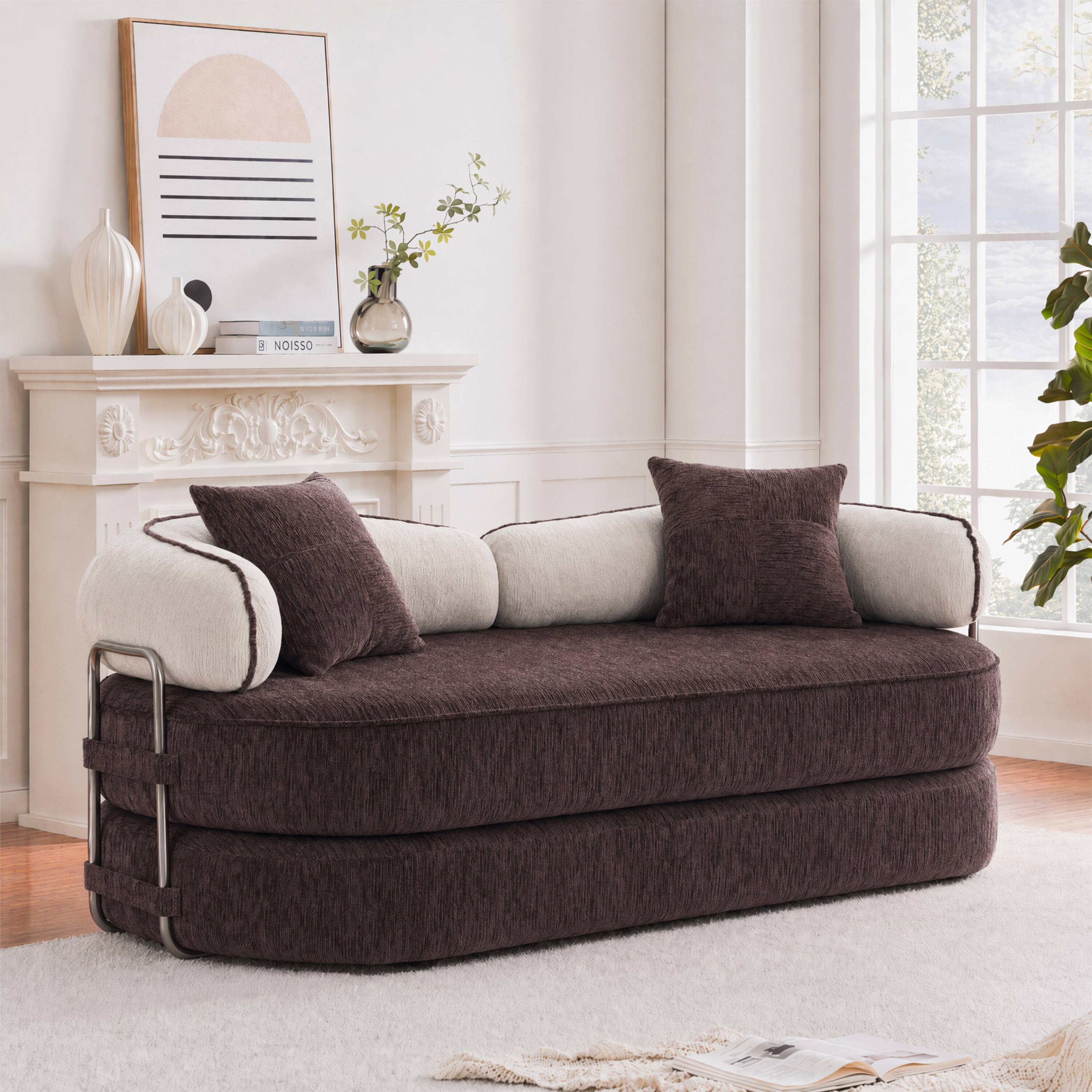 Alt View 7. Vipbear - Curved Loveseat with 4 Pillows, Modern Boneless Couch, Convertible Sleeper Sofa Bed - Brown/Cream.