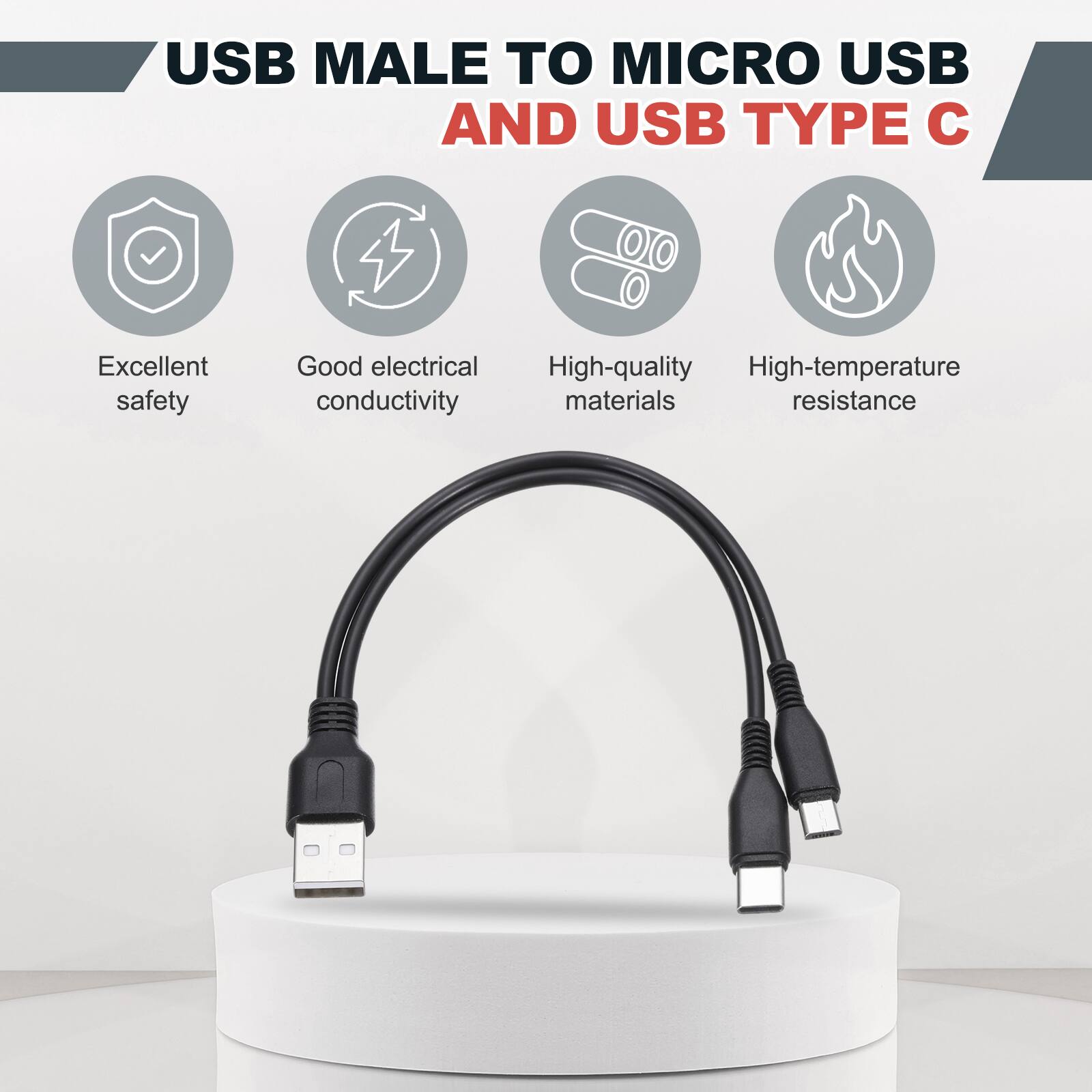 USB Male to Micro USB and USB Type C

Excellent safety
Good electrical conductivity
High-quality materials
High-temperature resistance