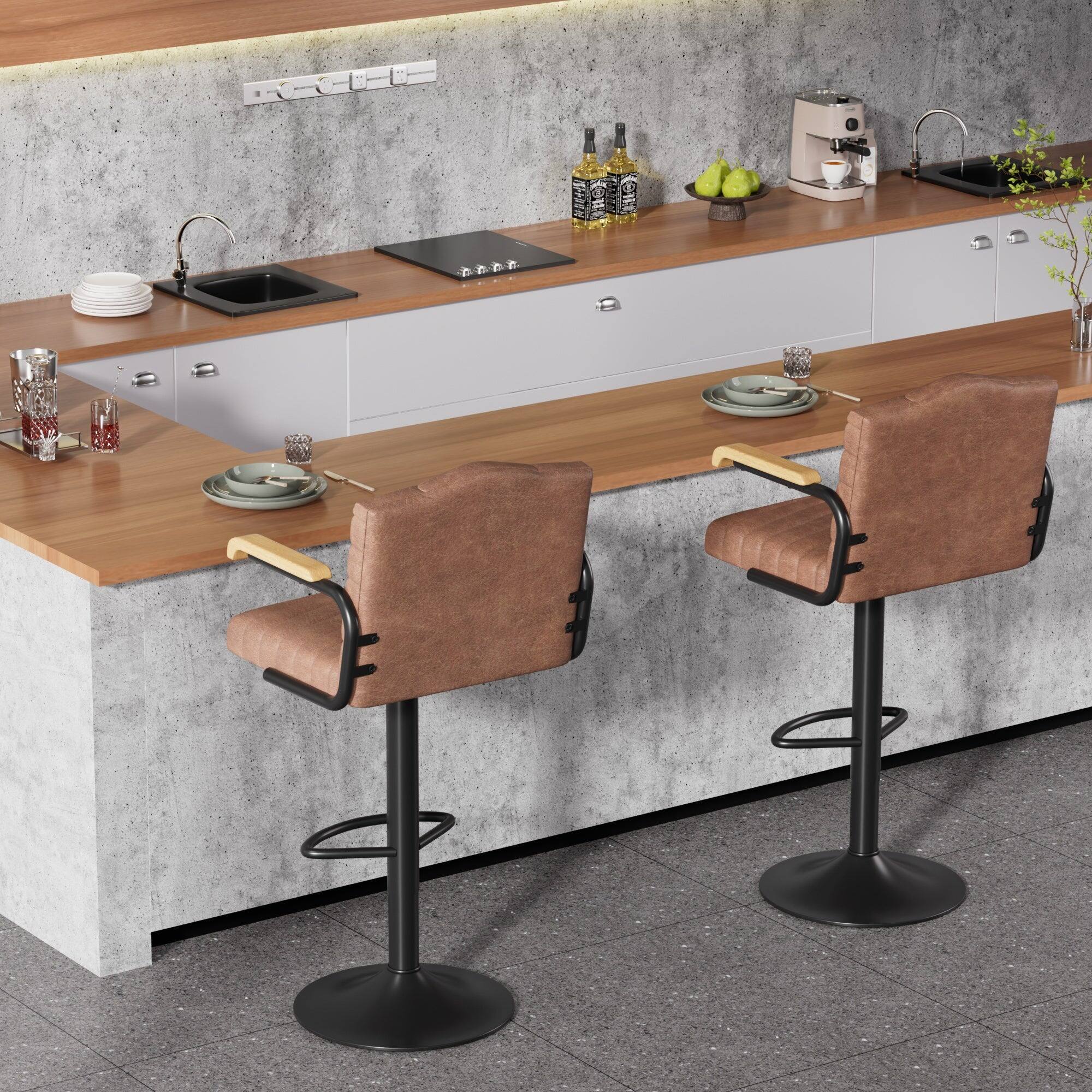 Alt View 3. Vecelo - Set of 2 PU Leather Bar Stool with Adjustable Height - Brown Swivel Bar Stool with Footrest - Brown.