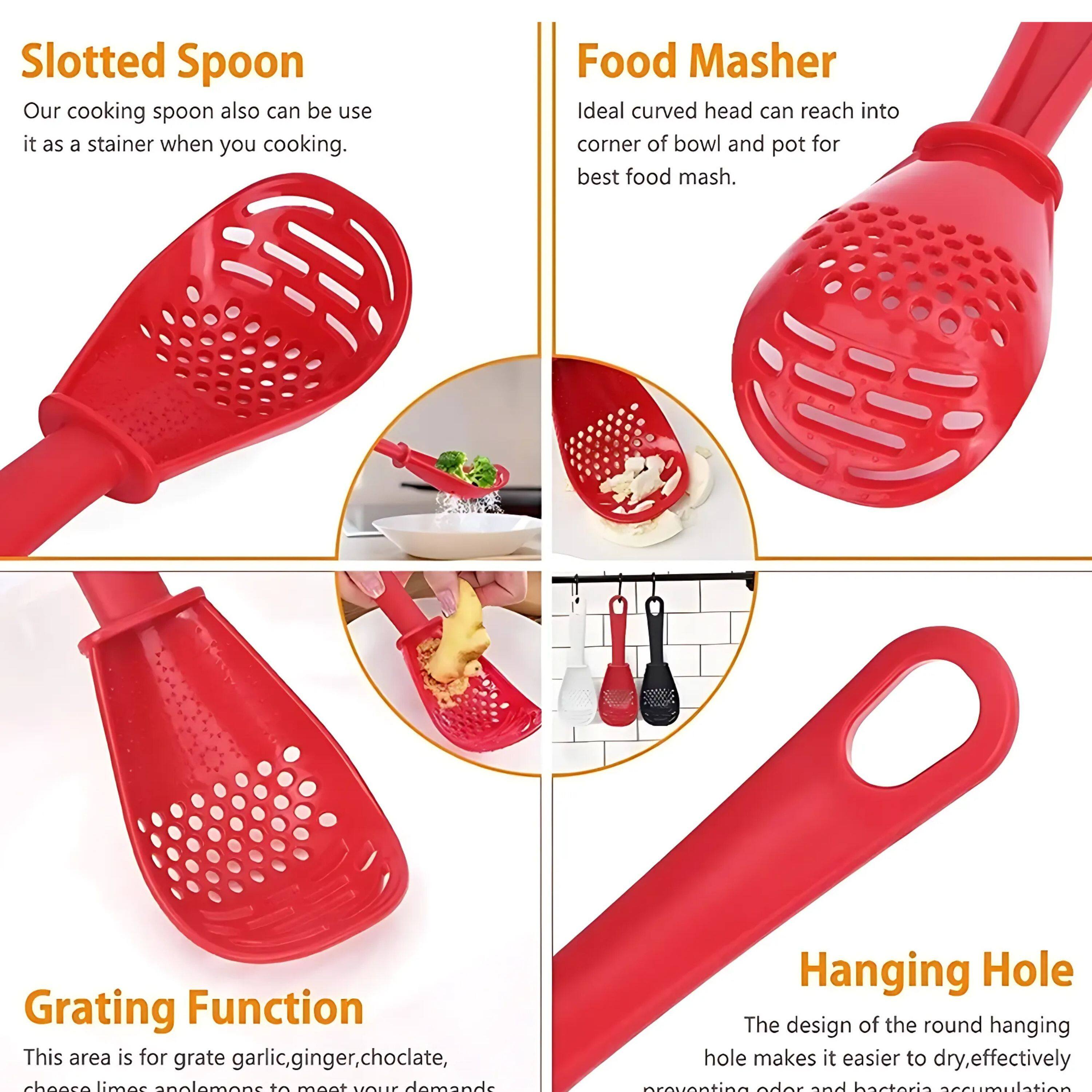 Slotted Spoon  
Our cooking spoon also can be used as a strainer when you are cooking.

Food Masher  
Ideal curved head can reach into the corner of bowl and pot for best food mash.

Grating Function  
This area is for grate garlic, ginger, chocolate, cheese, limes, and lemons to meet your demands.

Hanging Hole  
The design of the round hanging hole makes it easier to dry, effectively preventing odor and bacteria accumulation.