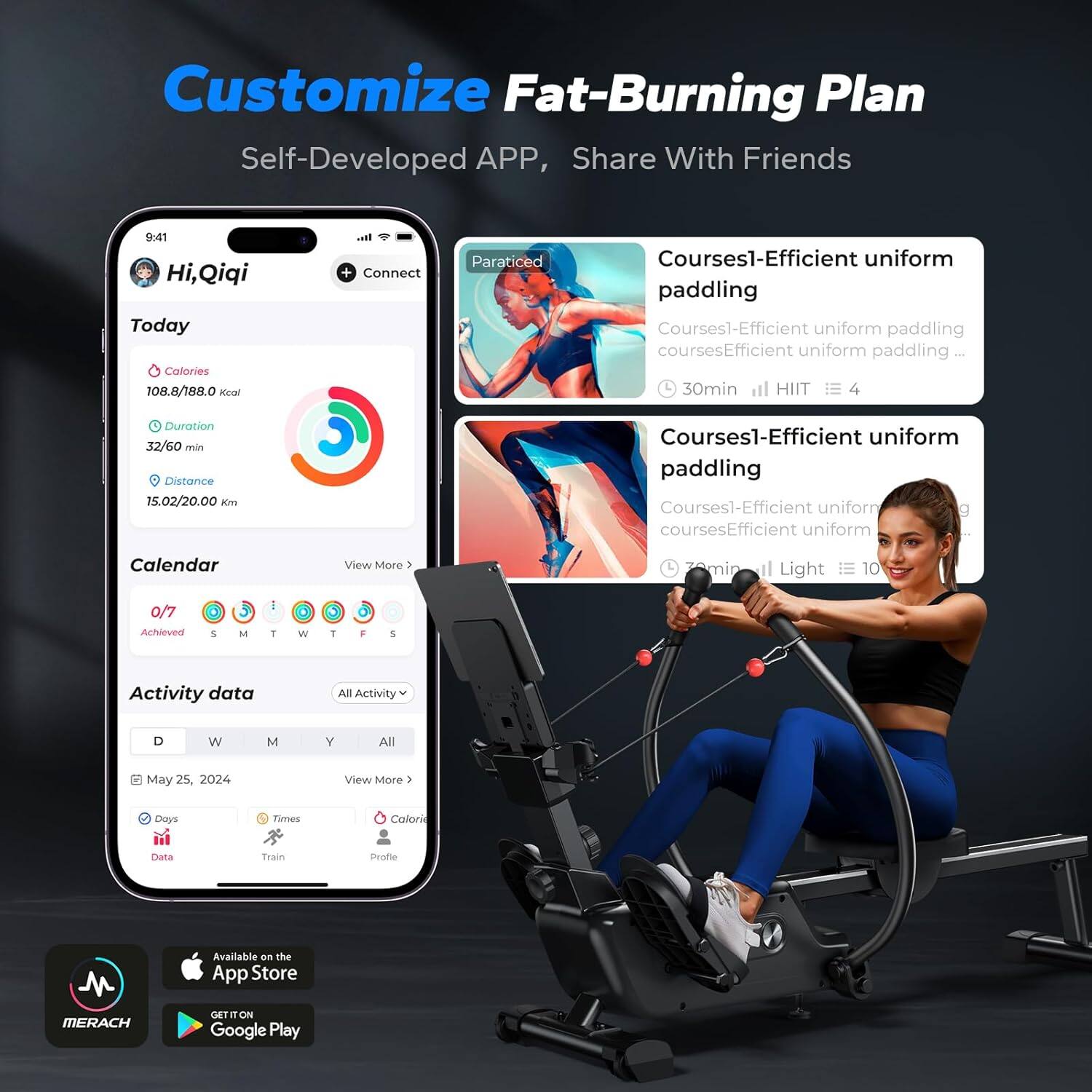 Customize Fat-Burning Plan  
Self-Developed APP, Share With Friends  

Hi, Qiqi  
Today  
Calories 108.8/188.0 kcal  
Duration 32/60 min  
Distance 15.02/20.00 km  

Calendar  
0/7 Achieved  

Activity data  
May 25, 2024  
Days Times Calories  

Participated Courses  
Courses1-Efficient uniform paddling  
30min HIIT 4  

Courses1-Efficient uniform paddling  
30min Light 10  

Available on the App Store  
GET IT ON Google Play  

MERACH
