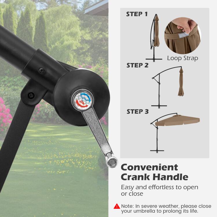 STEP 1  
Loop Strap  

STEP 2  

STEP 3  

Convenient Crank Handle  
Easy and effortless to open or close  

Note: In severe weather, please close your umbrella to prolong its life.