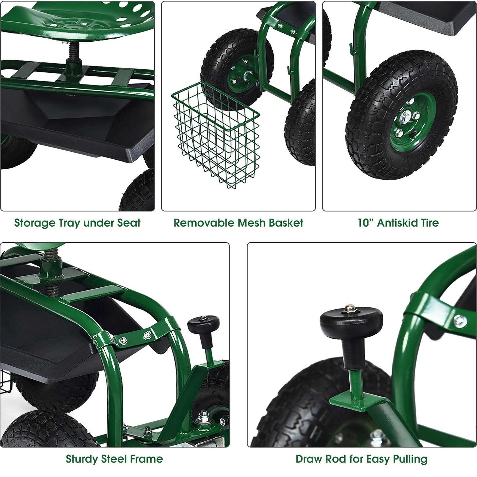 - Storage Tray under Seat
- Removable Mesh Basket
- 10" Antiskid Tire
- Sturdy Steel Frame
- Draw Rod for Easy Pulling