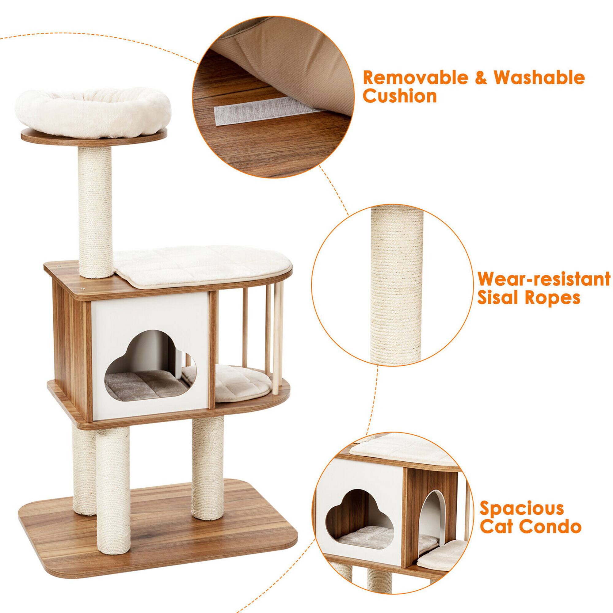 Removable & Washable Cushion, Wear-resistant Sisal Ropes, Spacious Cat Condo