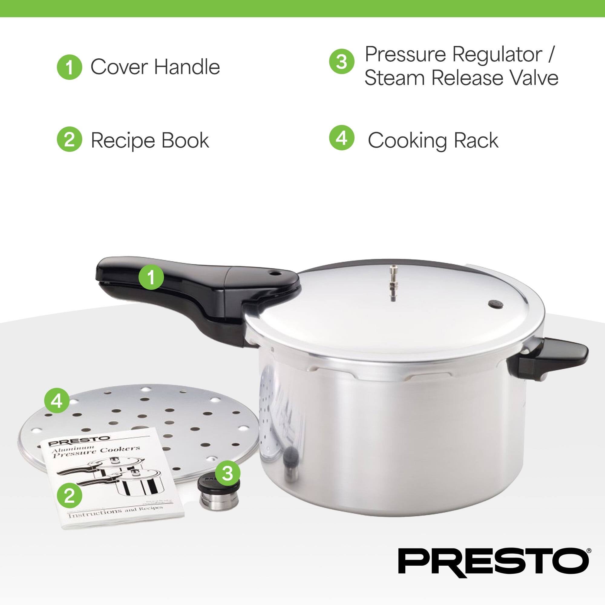 1 Cover Handle
2 Recipe Book
3 Pressure Regulator / Steam Release Valve
4 Cooking Rack
PRESTO