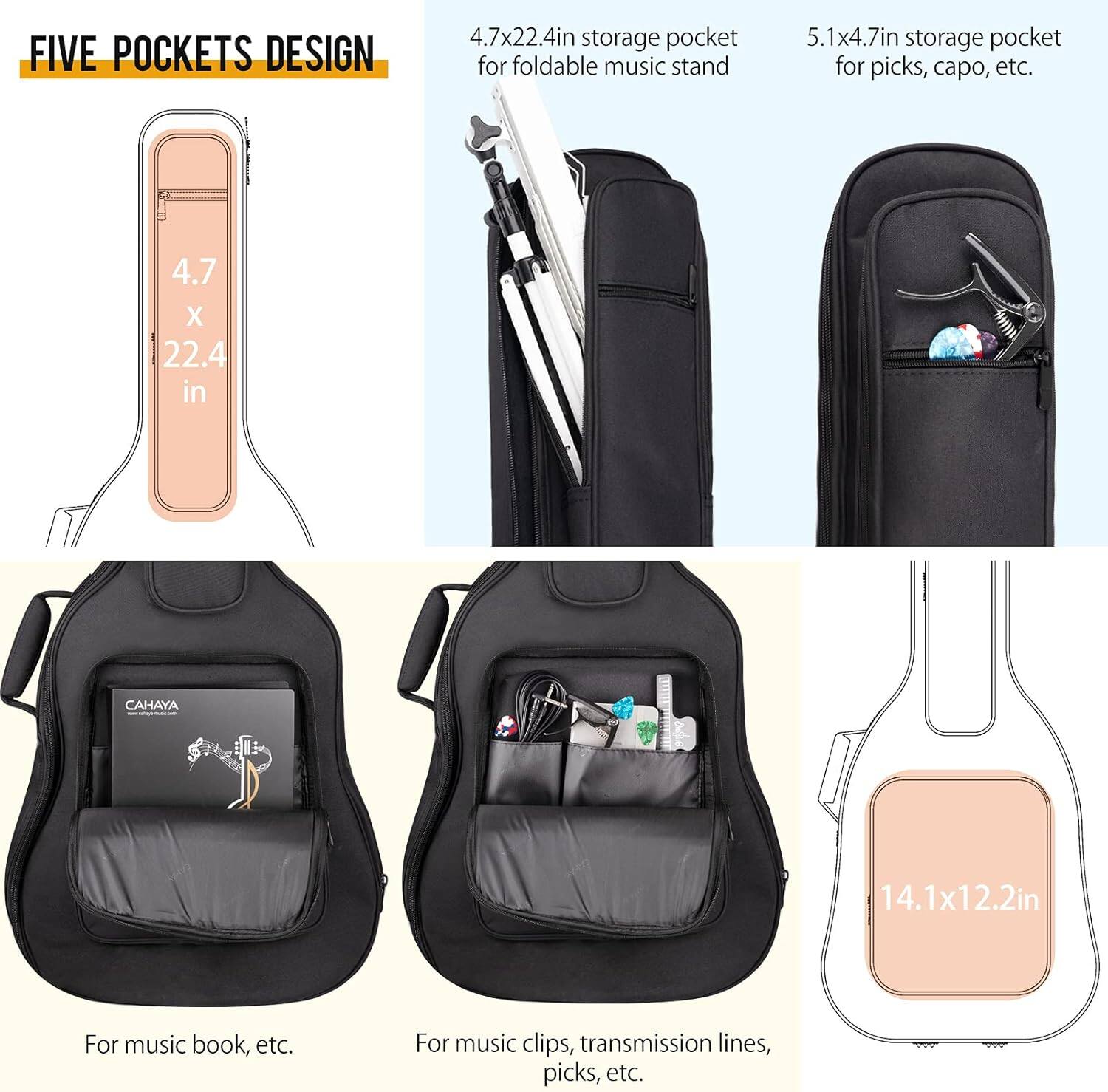 FIVE POCKETS DESIGN

- 4.7x22.4in storage pocket for foldable music stand
- 5.1x4.7in storage pocket for picks, capo, etc.
- 14.1x12.2in storage pocket for music book, etc.
- For music clips, transmission lines, picks, etc.