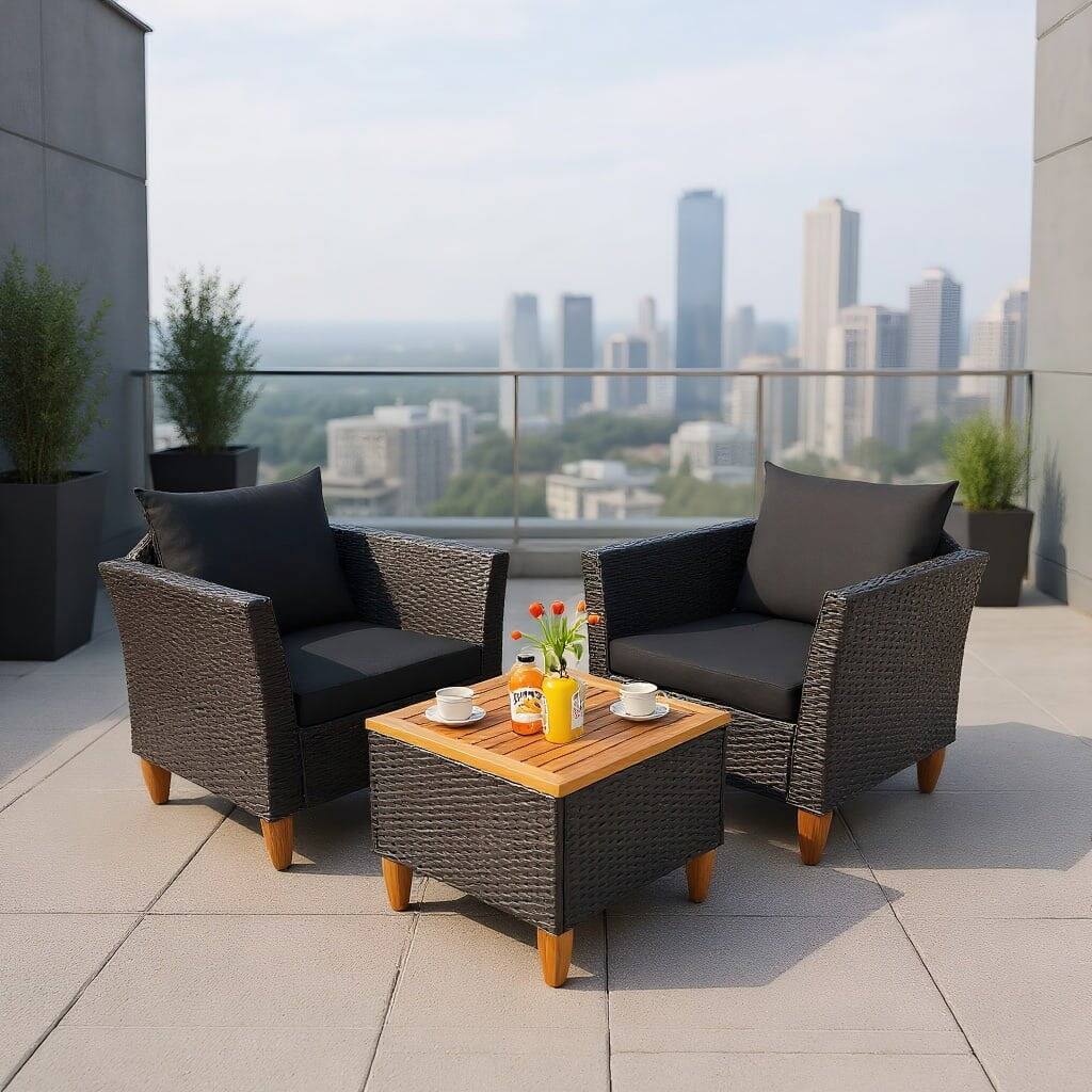 Front. Kadyn - 3 Pieces Patio Rattan Bistro Furniture Set, Outdoor Furniture Garden Conversation Sets with Wooden Table Top-Navy - Black.