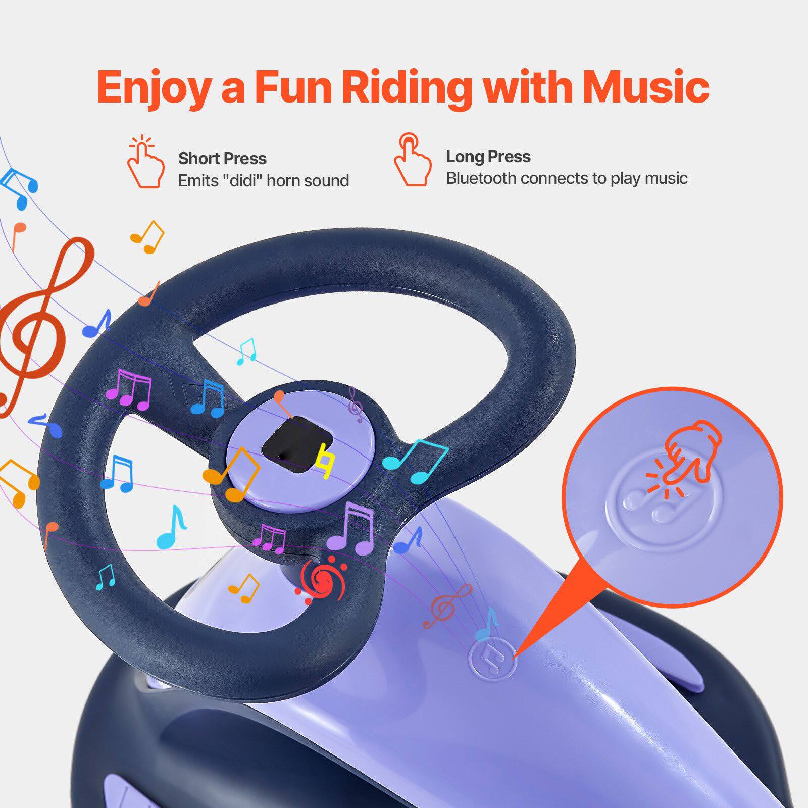 Enjoy a Fun Riding with Music

Short Press  
Emits "didi" horn sound

Long Press  
Bluetooth connects to play music
