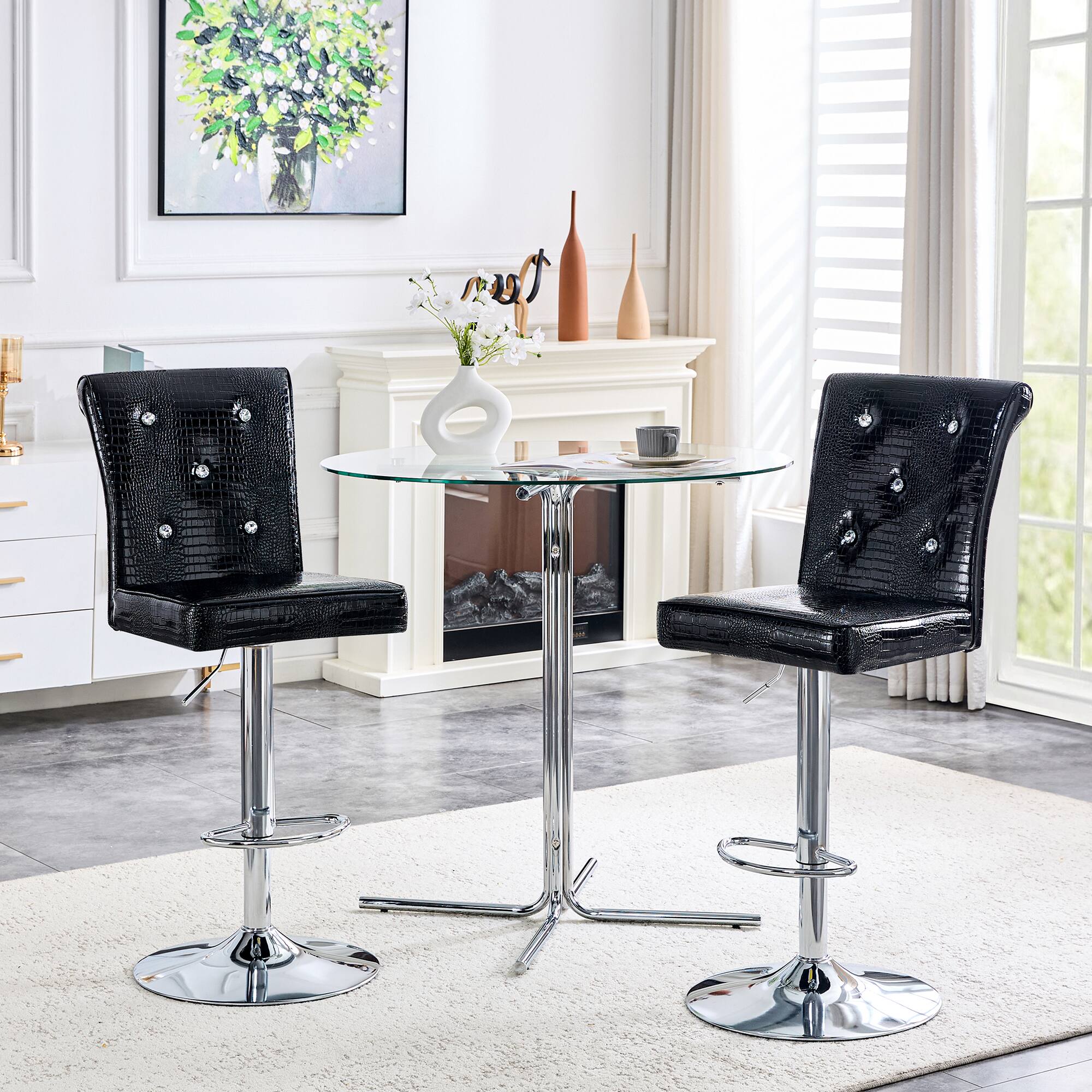 Angle. Loheer - Vintage Faux Crocodile Lift Bar Stools Set of 2 Crystal Tufted 1.8x1.42x4.08 ft - Black.