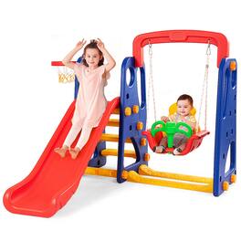 Costway - 3 in 1 Junior Children Climber Slide Swing Seat Basketball Hoop Playset - Multicolor