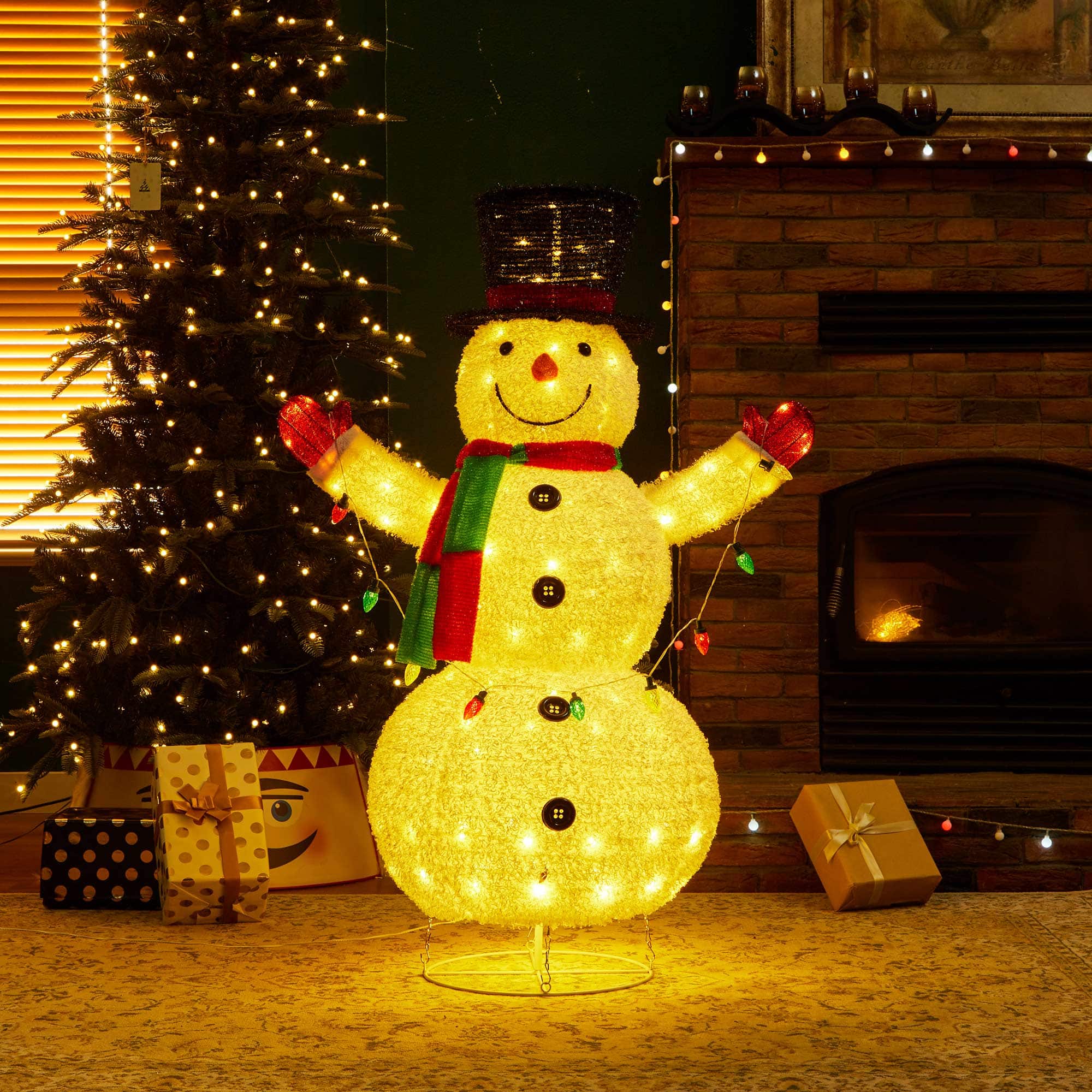 Glitzhome - 47.25"H Lighted 3D Foldable Fabric Snowman Outdoor Decor with 160 LED Lights (KD) - Multi-Colored