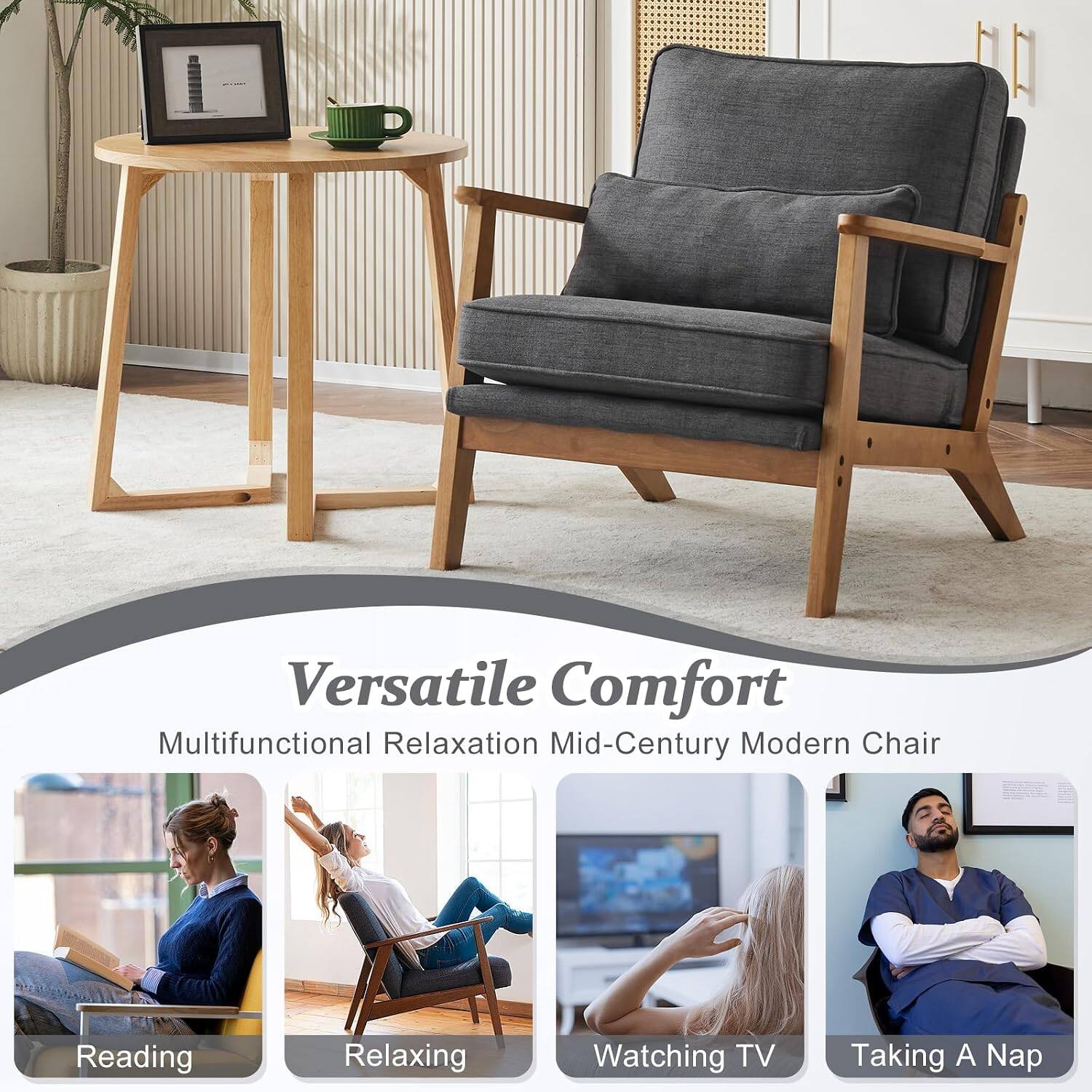 Versatile Comfort  
Multifunctional Relaxation Mid-Century Modern Chair

Reading  
Relaxing  
Watching TV  
Taking A Nap
