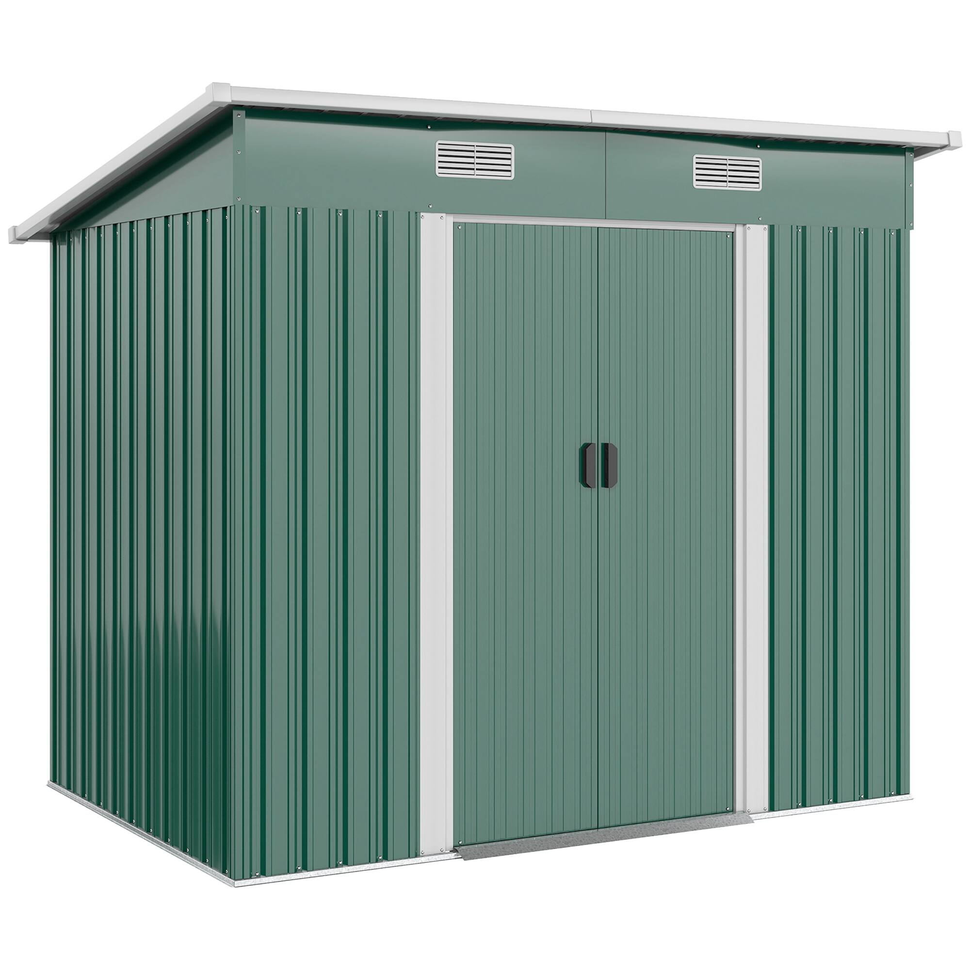 Front. Outsunny - 7' x 4' Outdoor Storage Shed, Metal Garden Tool House with Sloping Roof and Lockable Door for Backyard - Dark Green.