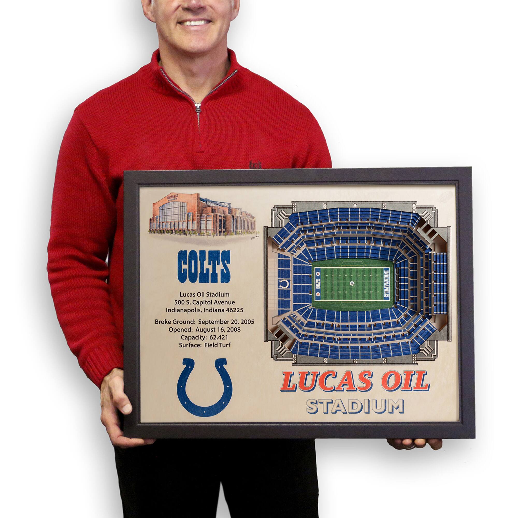 COLTS  
Lucas Oil Stadium  
500 S. Capitol Avenue  
Indianapolis, Indiana 46225  
Broke Ground: September 20, 2005  
Opened: August 16, 2008  
Capacity: 62,421  
Surface: Field Turf  

LUCAS OIL STADIUM
