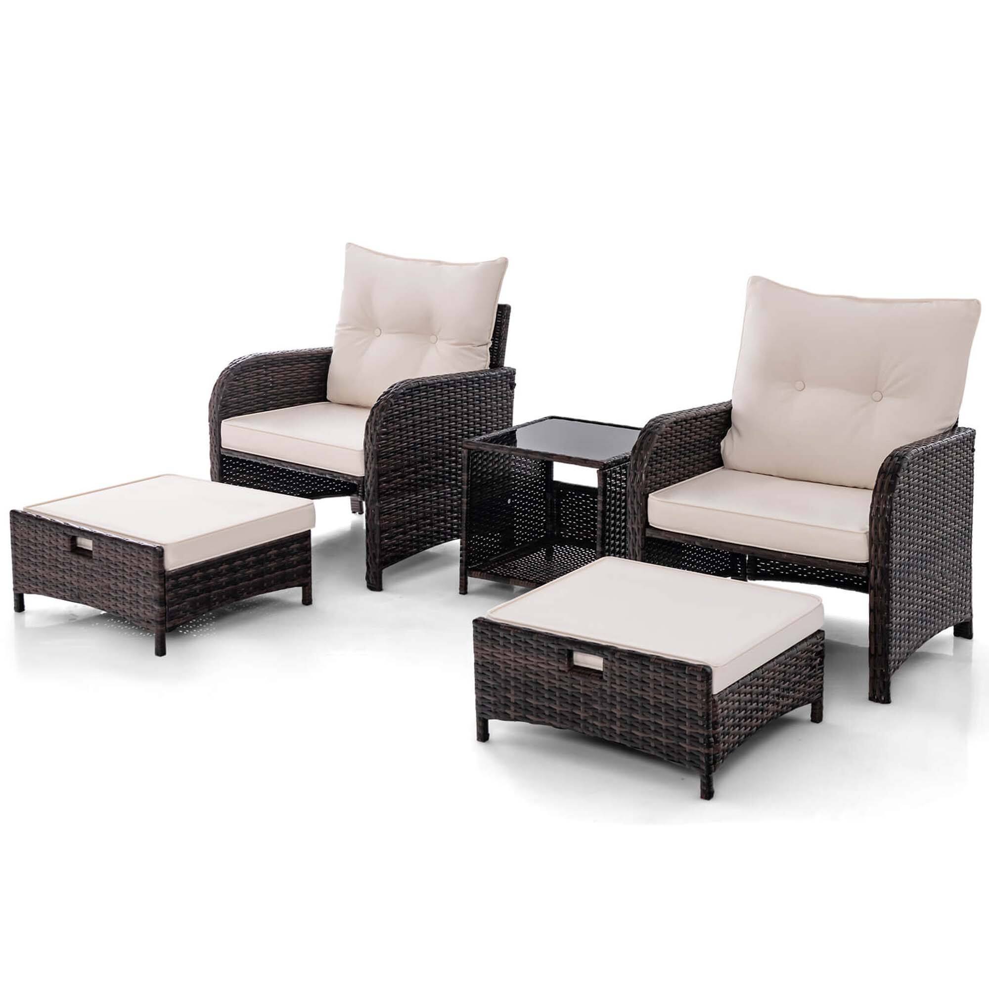 Alt View 9. Costway - 5 PCS Patio Conversation Set with 2 Chairs 2 Ottomans & 1 Coffee Table for Backyard - Beige + Mix Brown.