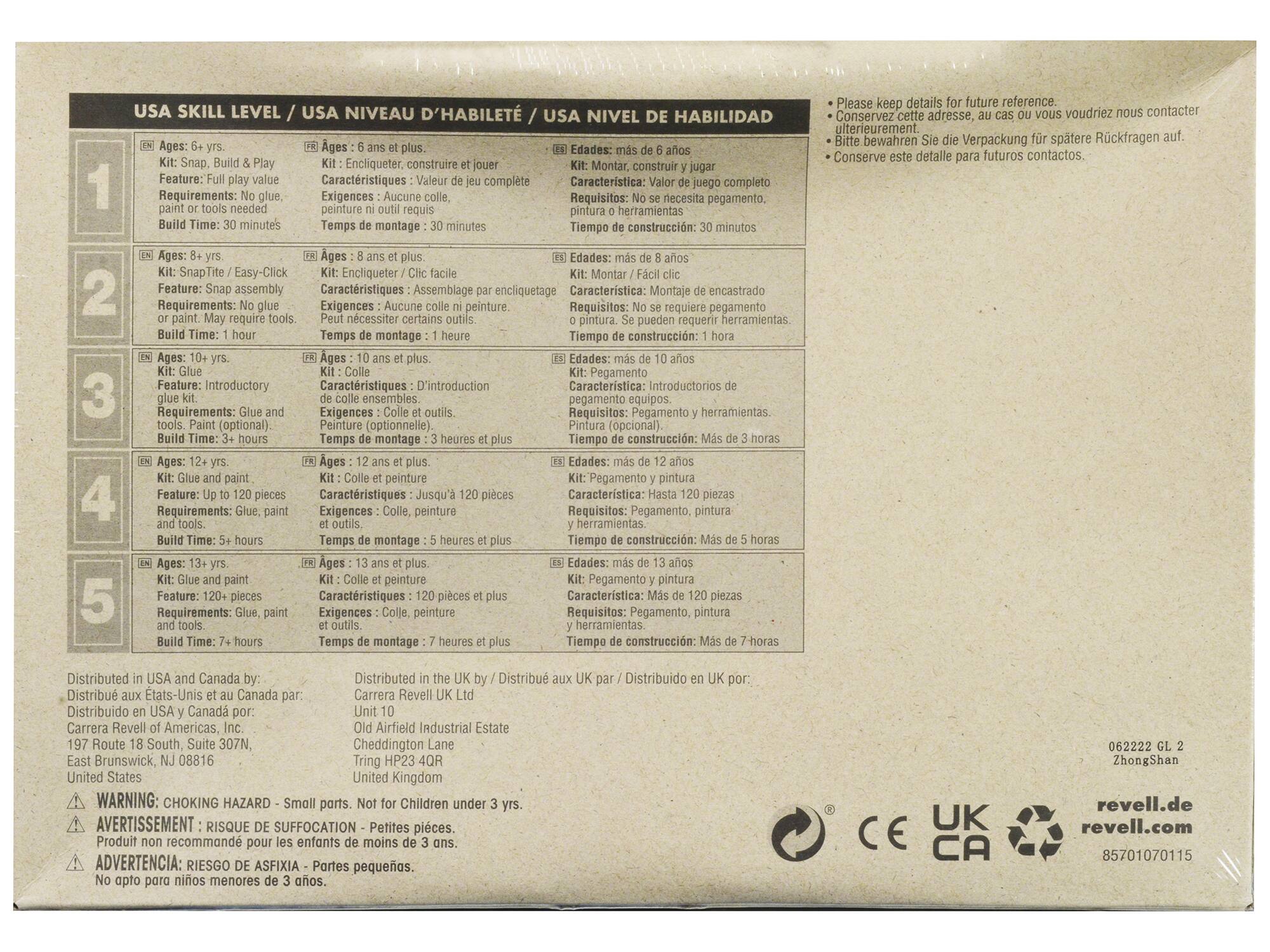 **USA SKILL LEVEL / USA NIVEAU D'HABILITÉ / USA NIVEL DE HABILIDAD**

1. **Ages: 6+ yrs.**  
   - Kit: Snap, Build & Play  
   - Feature: Full play value  
   - Requirements: No glue, paint or tools needed  
   - Build Time: 30 minutes  
   - **Ages: 6 ans et plus**  
     - Kit: Encliqueter, construire  
     - Caractéristiques: facile  
     - Exigences: aucune colle ni peinture  
     - Temps de montage: 30 minutes  
   - **Edades: más de 6 años**  
     - Kit: Montar, construir  
     - Características: Valor de juego completo  
     - Requisitos: No se necesita pegamento ni pintura  
     - Tiempo de construcción: 30 minutos  

2. **Ages: 8+ yrs.**  
   - Kit: Snap It / Easy-Click  
   - Feature: Snap assembly  
   - Requirements: No glue or paint. May require tools.  
   - Build Time: 1 hour  
