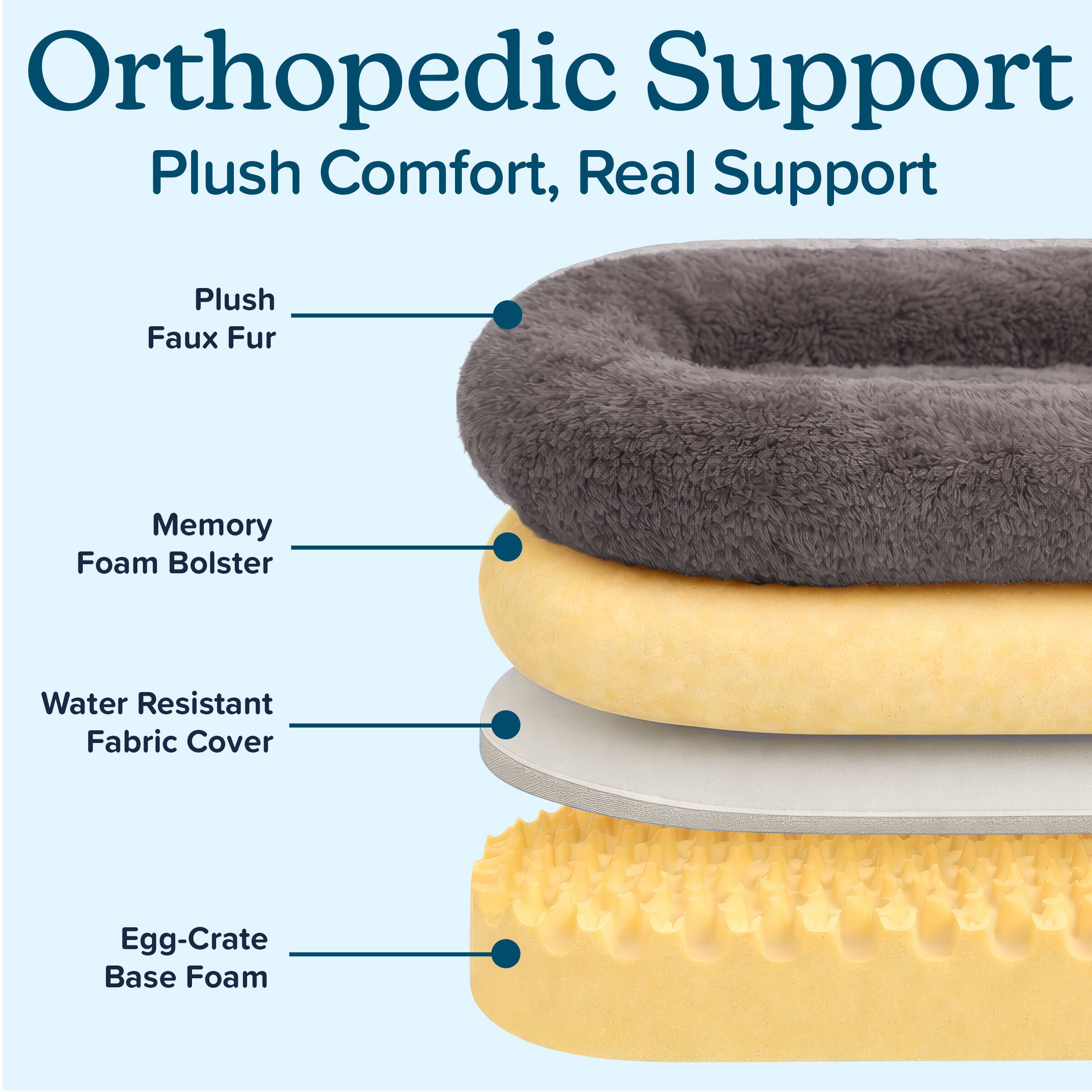 Orthopedic Support  
Plush Comfort, Real Support  

- Plush Faux Fur  
- Memory Foam Bolster  
- Water Resistant Fabric Cover  
- Egg-Crate Base Foam