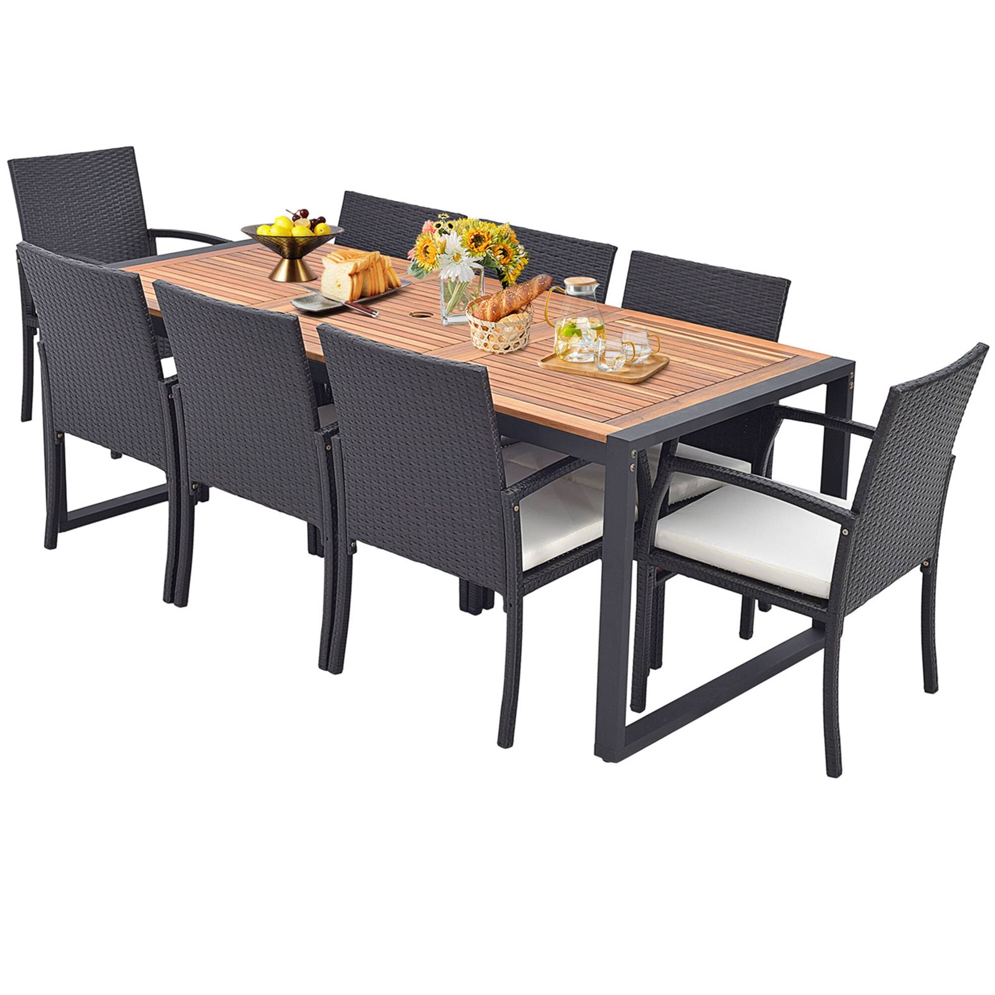 Alt View 7. Costway - 9 Pieces  Patio Rattan Dining Set with Acacia Wood Table, 1.9" Umbrella Hole - Mix Brown + Off White.