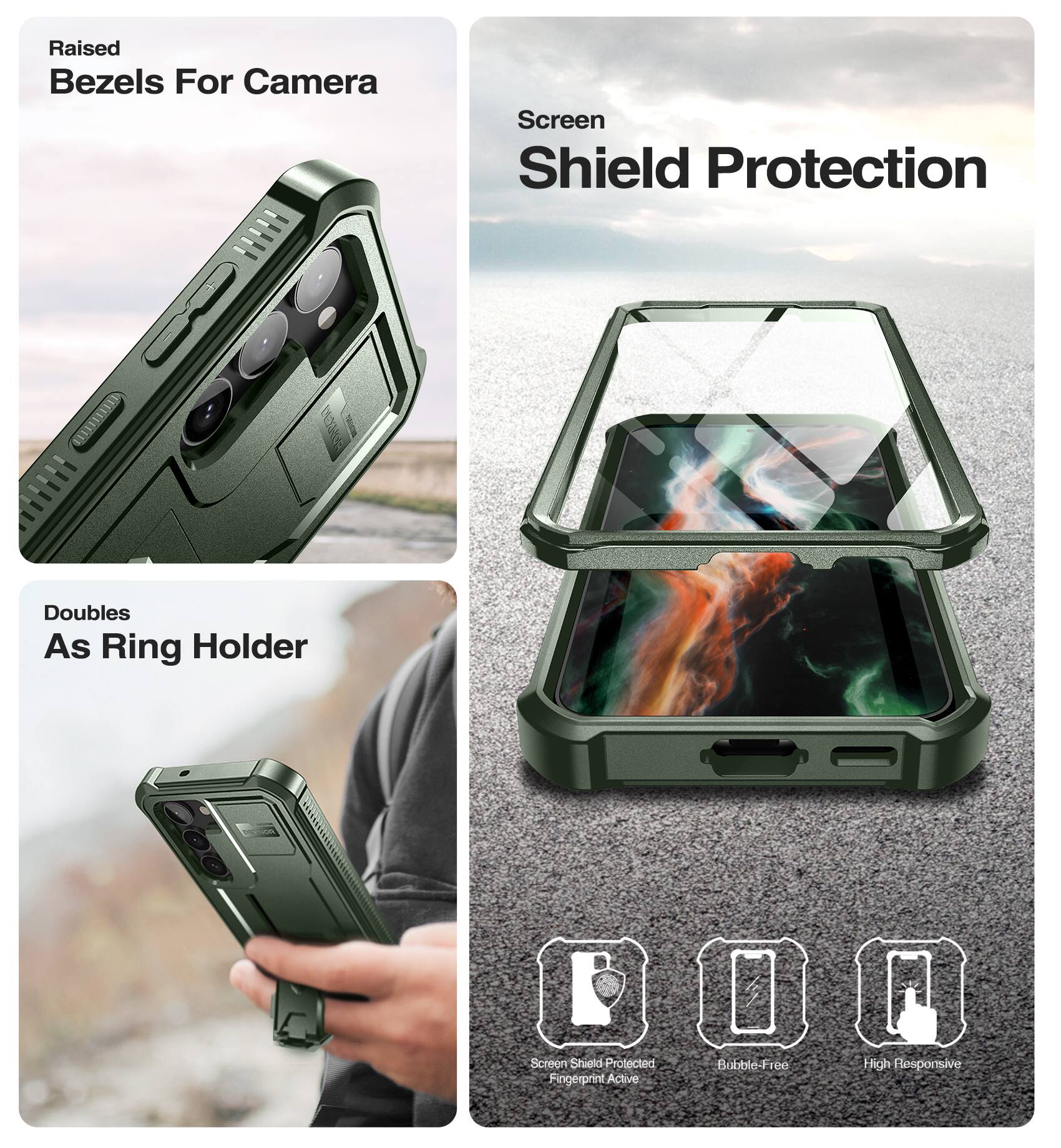 Raised Bezels For Camera, Screen Shield Protection, Doubles As Ring Holder, Screen Shield Protected, Fingerprint Active, Bubble-Free, High Responsive