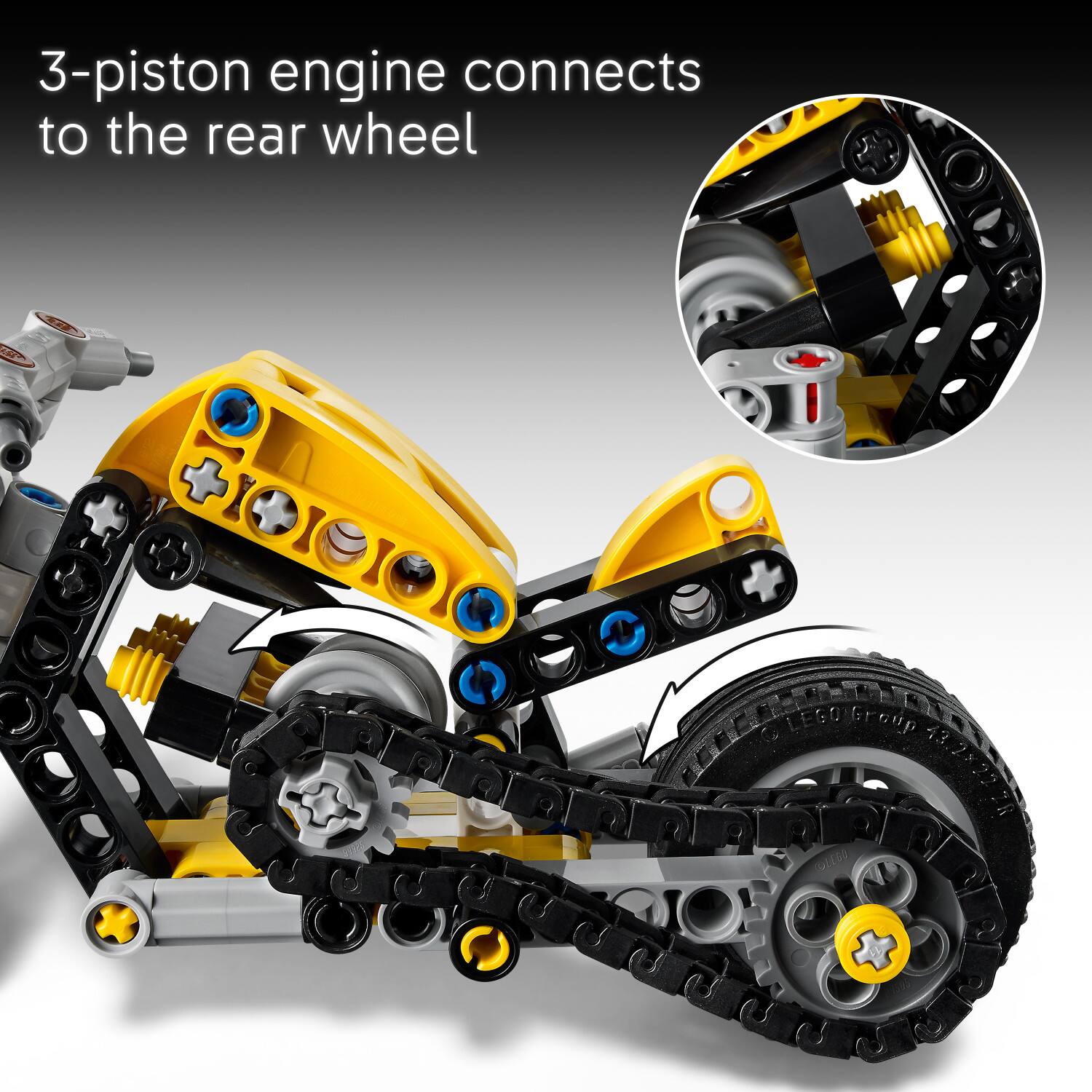 3-piston engine connects to the rear wheel