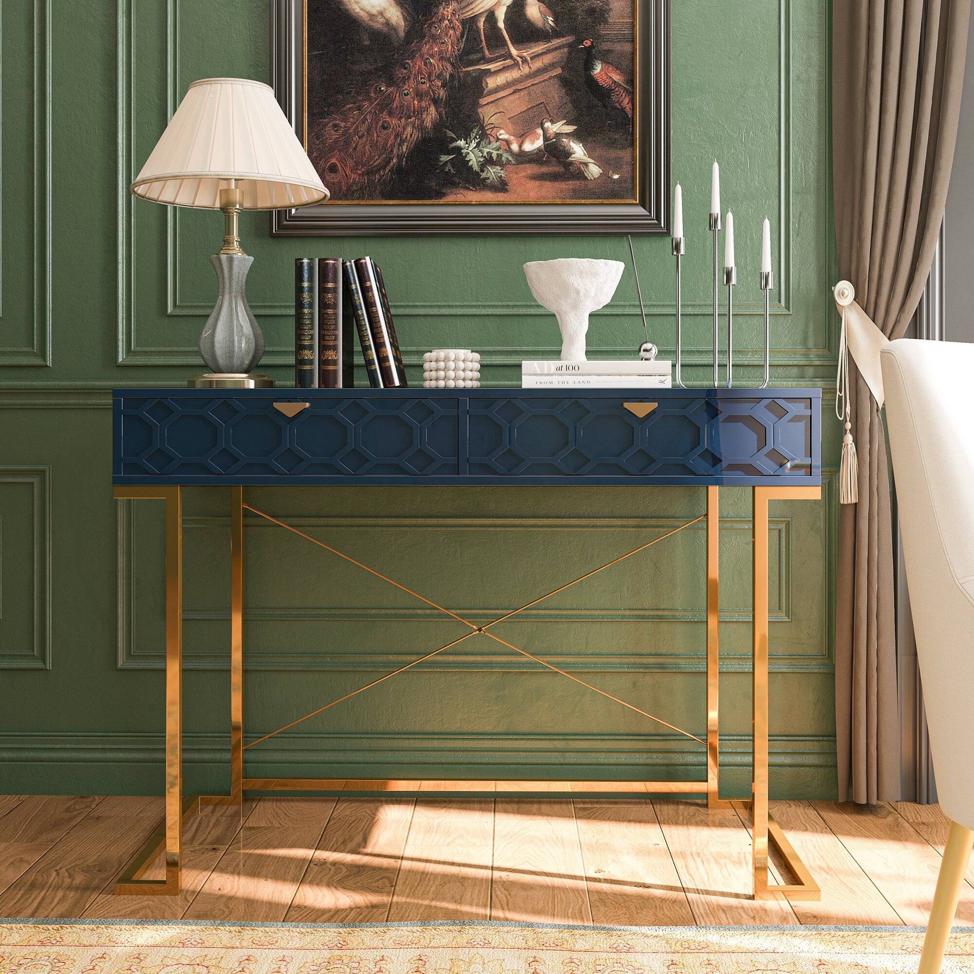 Alt View 7. Boyel Living - 42 in. Rectangular Blue Solid Wood Writing Desk with Metal Stand - Blue.