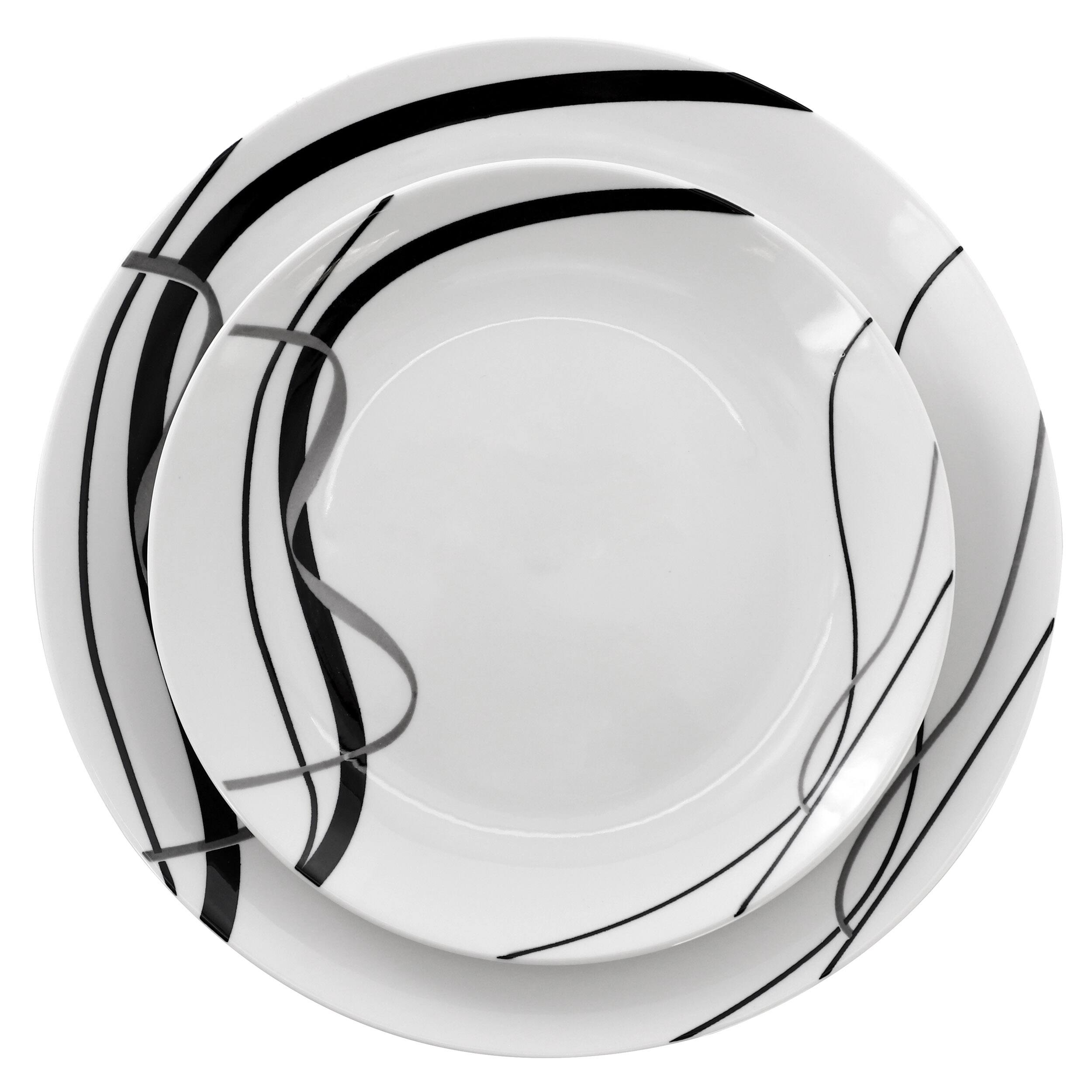Alt View 2. Elama - Elama Sarah 24 Piece Porcelain Black Ribbon Double Bowl Dinnerware Set, Service for 6 in White and Black - White.