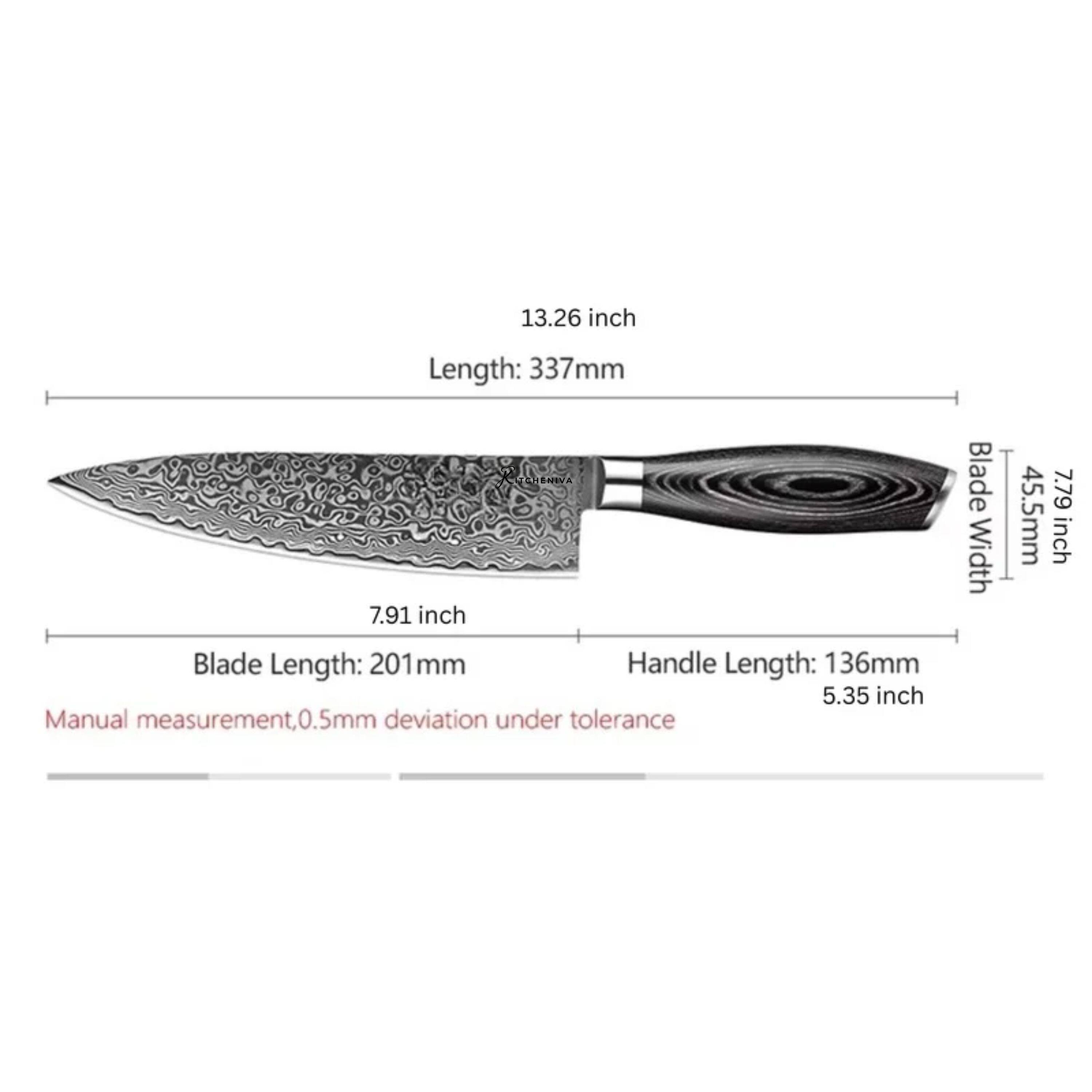 13.26 inch Length: 337mm  
7.91 inch  
Blade Width: 7.79 inch (45.5mm)  
Blade Length: 201mm  
Handle Length: 136mm (5.35 inch)  
Manual measurement, 0.5mm deviation under tolerance