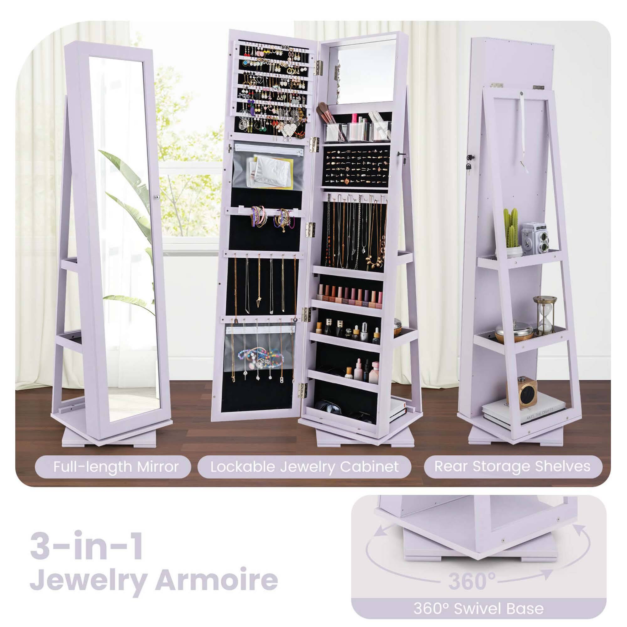 Full-length Mirror  
Lockable Jewelry Cabinet  
Rear Storage Shelves  

3-in-1 Jewelry Armoire  

360° Swivel Base