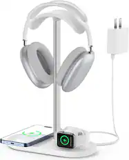 Front. Luckbyte - Magnetic 3-in-1 Wireless Charging Headphone Stand, Aluminum Alloy Desktop Holder for iPhone, iWatch & AirPods, White - White Color.