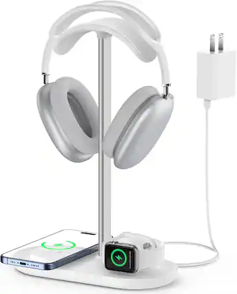 Front. Luckbyte - Magnetic 3-in-1 Wireless Charging Headphone Stand, Aluminum Alloy Desktop Holder for iPhone, iWatch & AirPods, White - White Color.