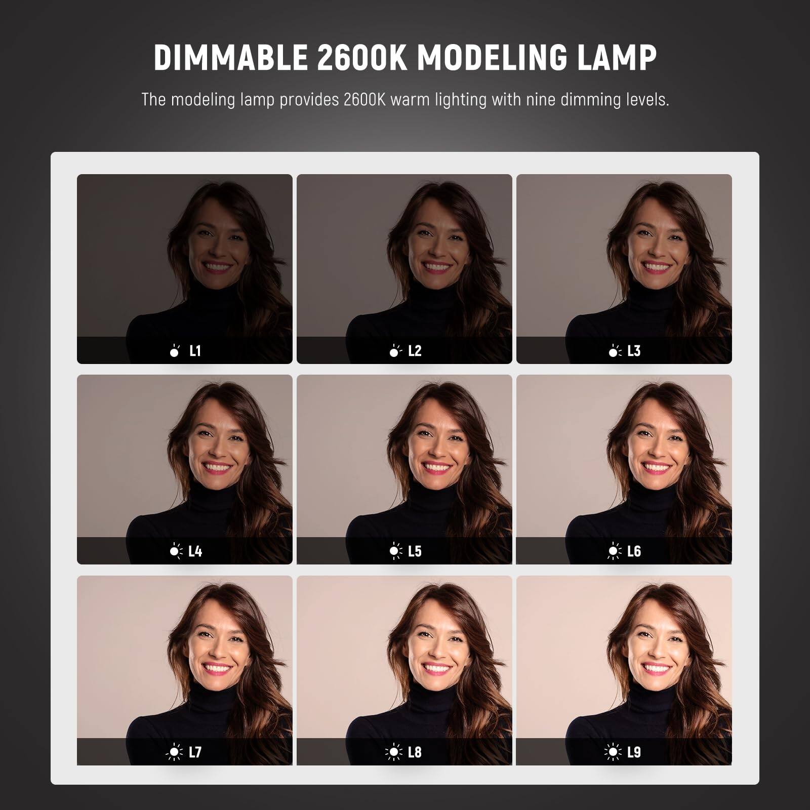 DIMMABLE 2600K MODELING LAMP

The modeling lamp provides 2600K warm lighting with nine dimming levels.

L1 L2 L3 L4 L5 L6 L7 L8 L9