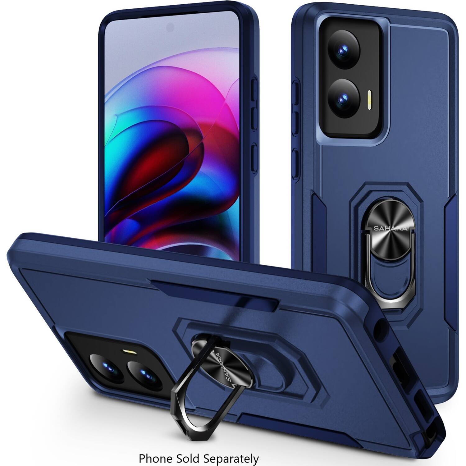 The image shows a blue case for a phone, with a close-up view of the case and the phone inside. The case is designed to protect the phone and is sold separately. The phone is placed in the case, which is designed to securely hold the device. The case is made of durable material and is available for purchase separately.