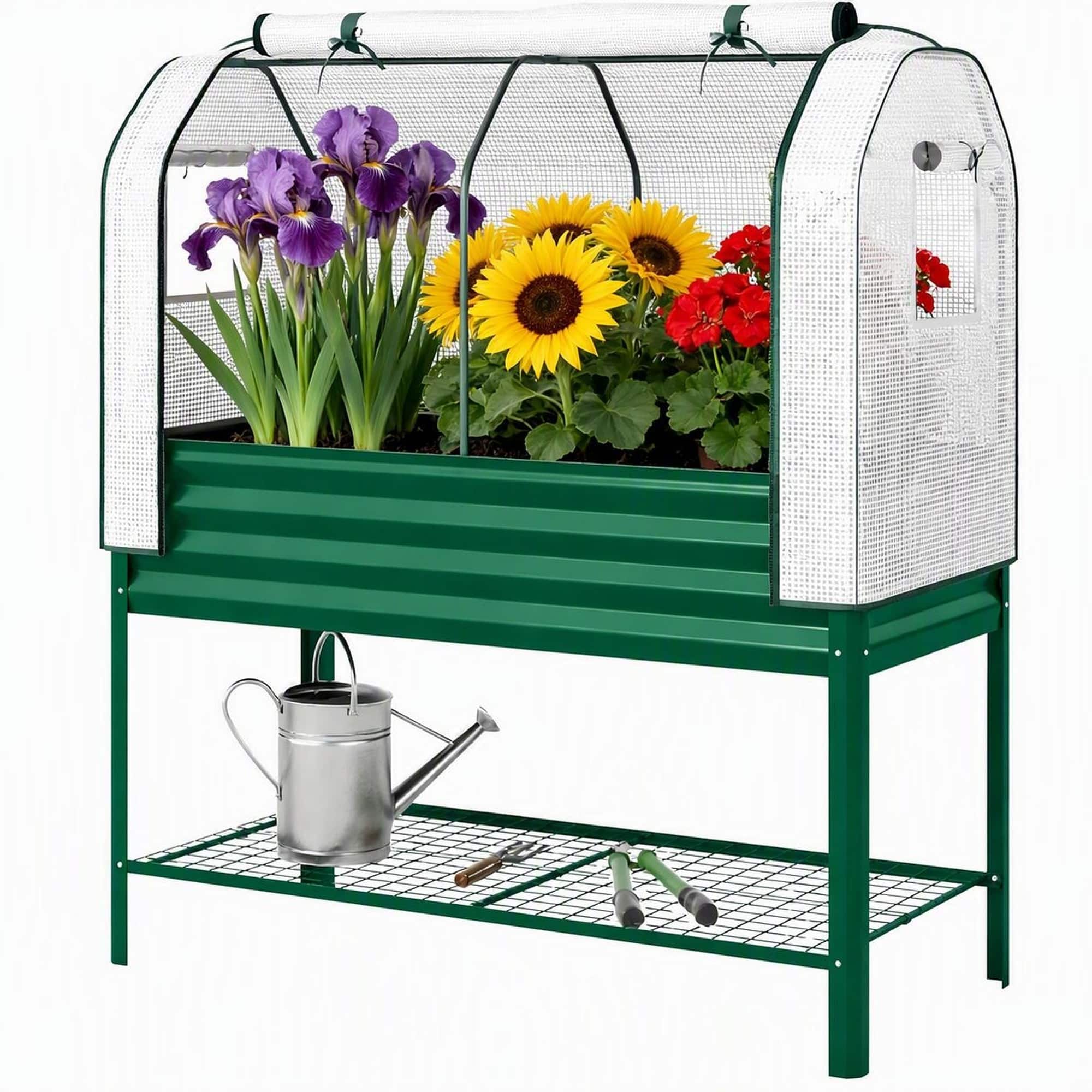 RYHNUYNE - Raised Garden Bed with Greenhouse Cover, Galvanized Metal Planter Box on Legs with Mesh Shelf, 44 Gallon Outdoor - Green
