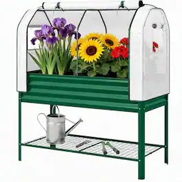 RYHNUYNE - Raised Garden Bed with Greenhouse Cover, Galvanized Metal Planter Box on Legs with Mesh Shelf, 44 Gallon Outdoor - Green