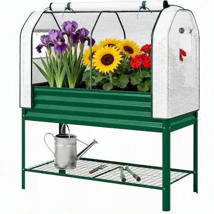 Front. RYHNUYNE - Raised Garden Bed with Greenhouse Cover, Galvanized Metal Planter Box on Legs with Mesh Shelf, 44 Gallon Outdoor - Green.