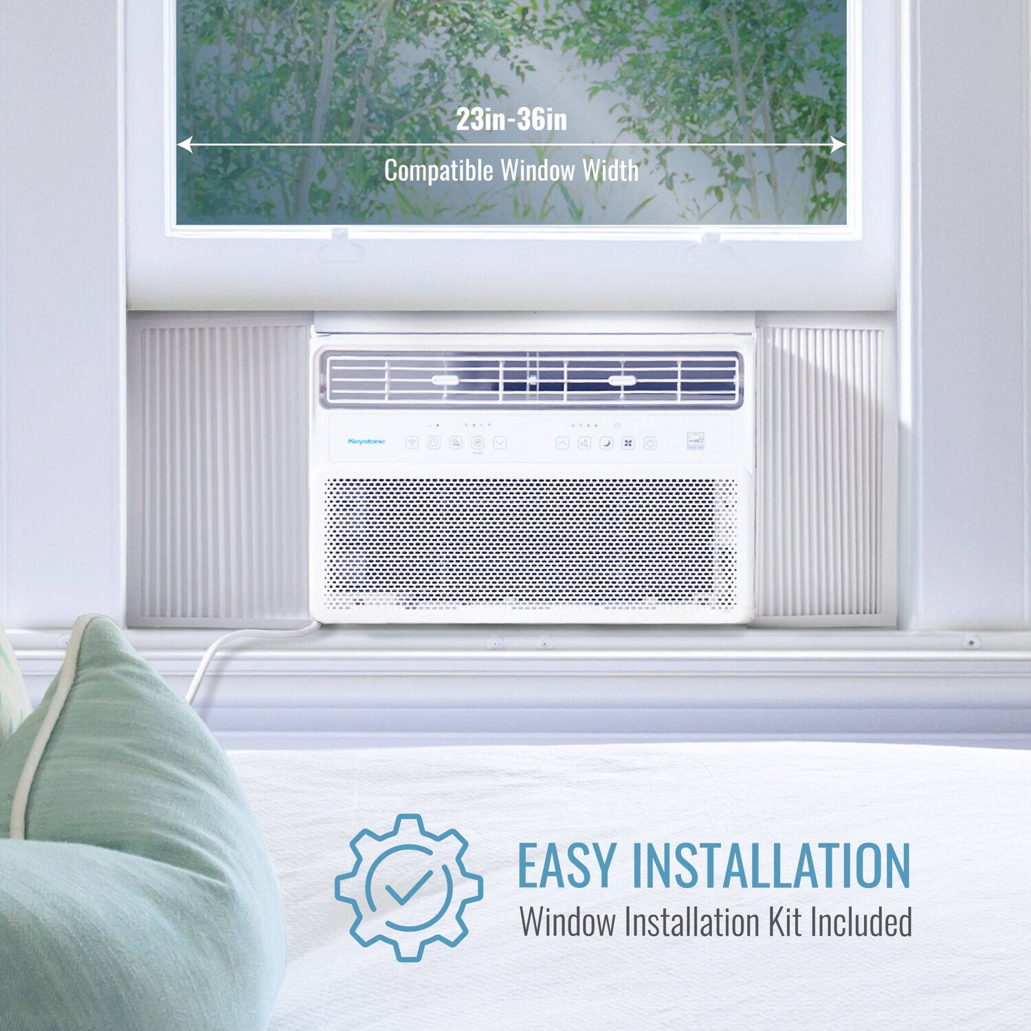 The text on the image is grouped and corrected as follows:

"23-36 in Compatible Window Width. Easy Installation Window Installation Kit Included."