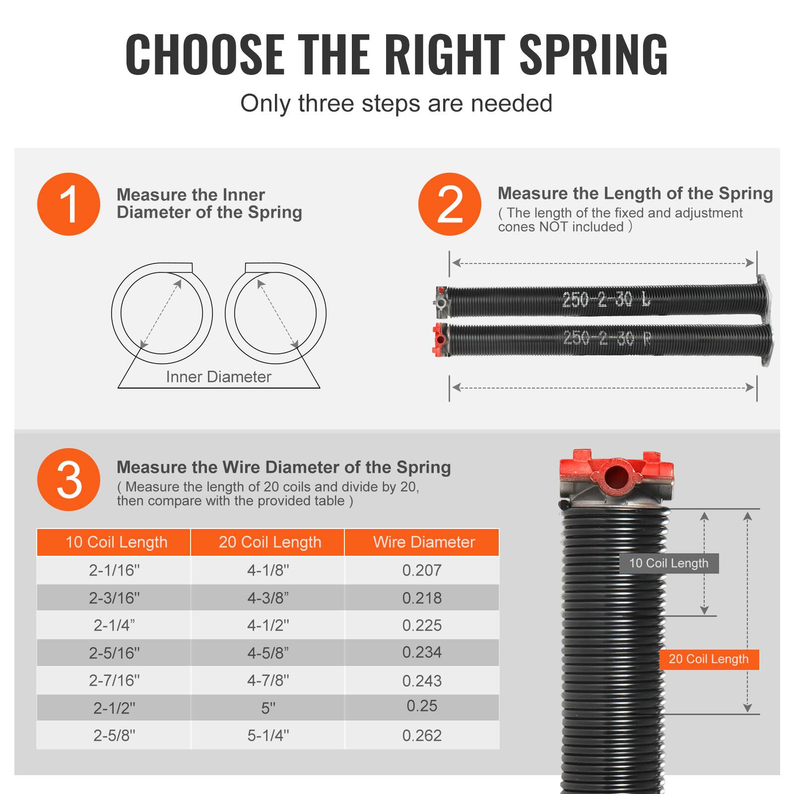 CHOOSE THE RIGHT SPRING  
Only three steps are needed  

1. Measure the Inner Diameter of the Spring  
2. Measure the Length of the Spring (The length of the fixed and adjustment cones NOT included)  
3. Measure the Wire Diameter of the Spring (Measure the length of 20 coils and divide by 20, then compare with the provided table)  

| 10 Coil Length | 20 Coil Length | Wire Diameter |
|---------------|---------------|--------------|
| 2-1/16"       | 4-1/8"        | 0.207        |
| 2-3/16"       | 4-3/8"        | 0.218        |
| 2-1/4"        | 4-1/2"        | 0.225        |
| 2-5/16"       | 4-5/8"        | 0.234        |
| 2-7/16"       | 4-7/8"        | 0.243        |
| 2-1/2"        | 5"           | 0