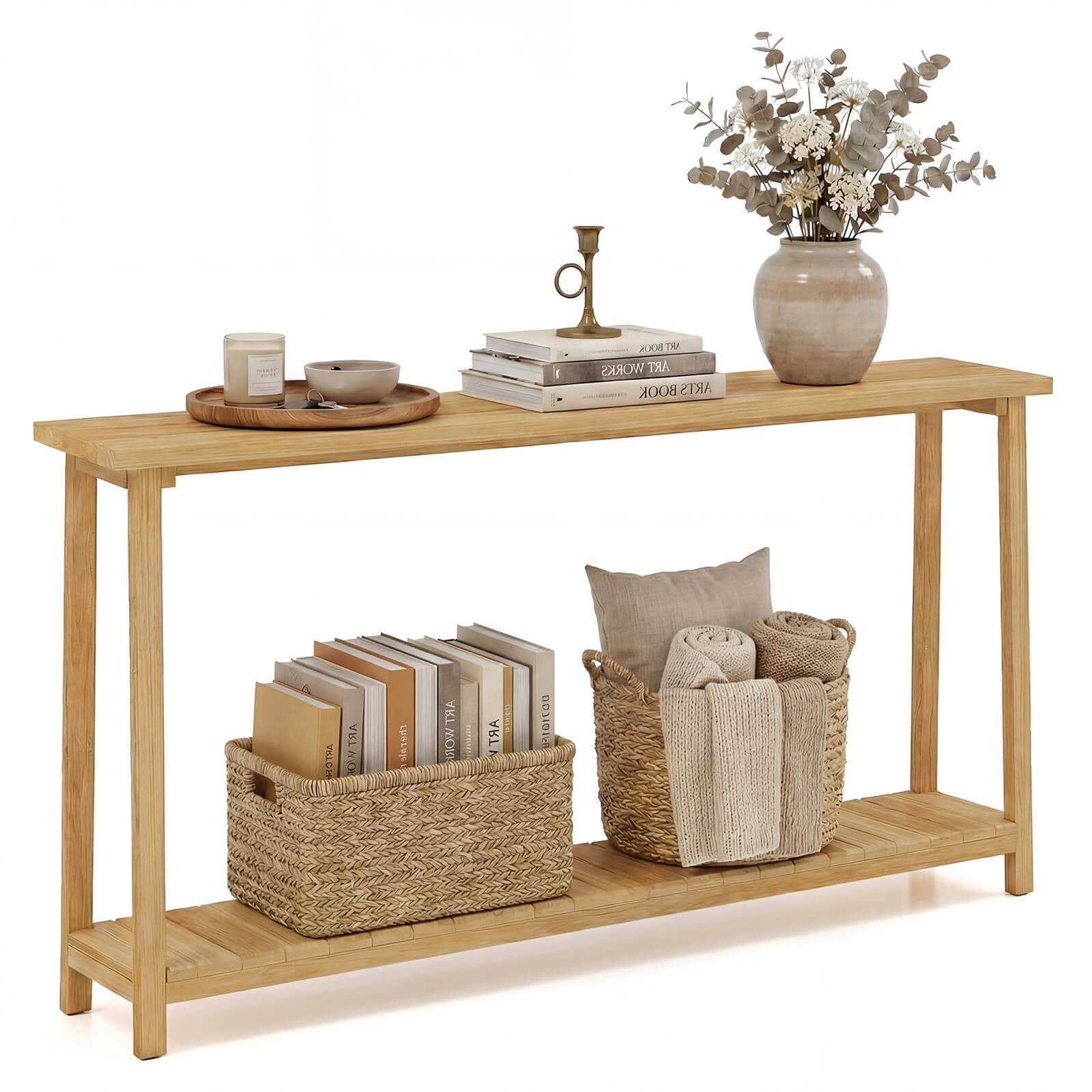 Costway - 71" Solid Wood Large Console Table,2-Tier Farmhouse Sofa Table with Teak Wood Frame - Natural