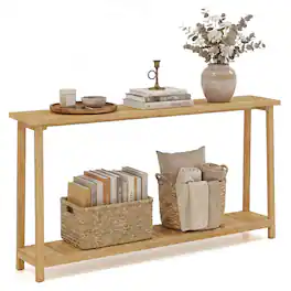 Costway - 71" Solid Wood Large Console Table,2-Tier Farmhouse Sofa Table with Teak Wood Frame - Natural